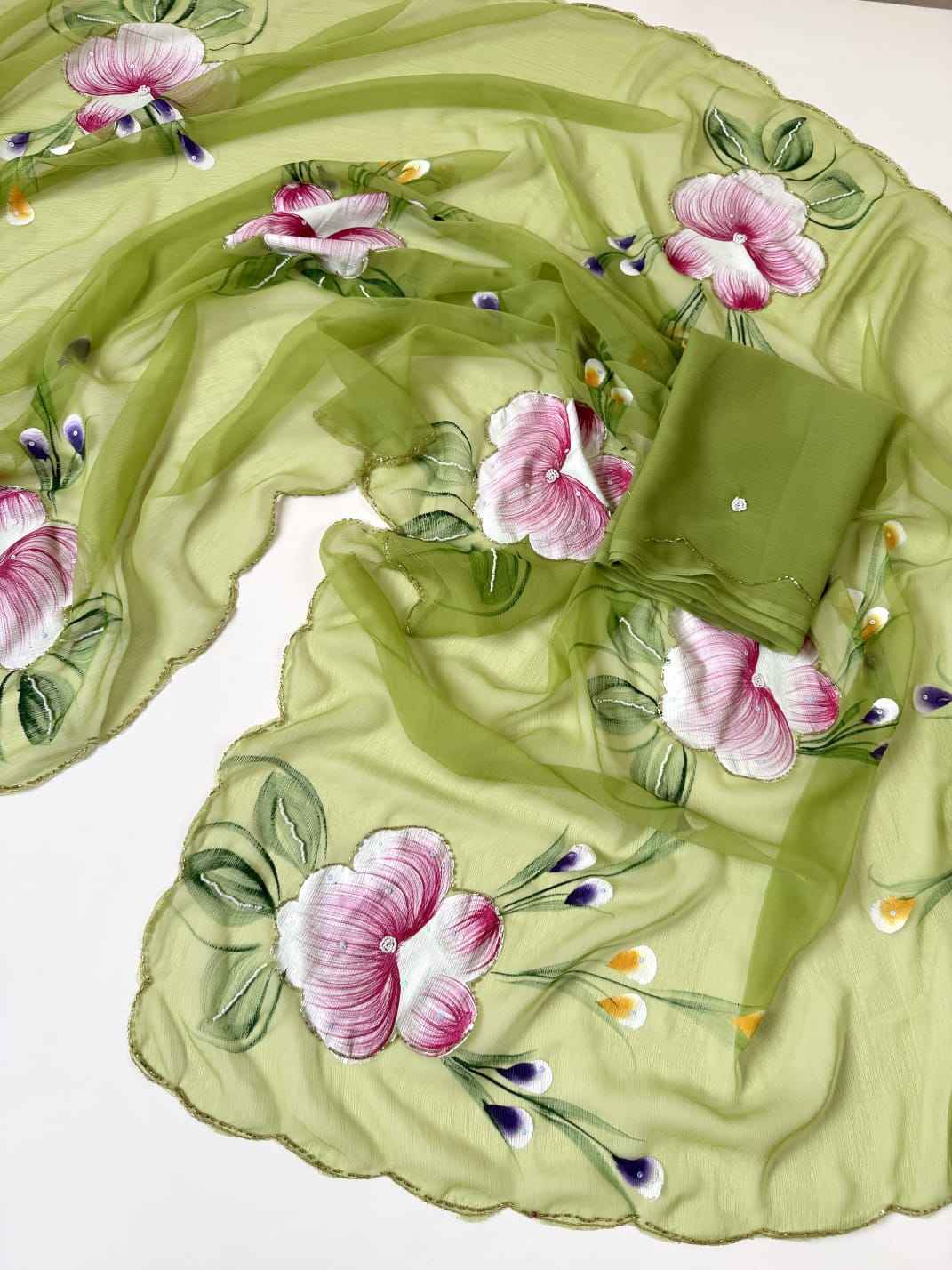 SOFT PURE CHIFFON KHATLI HANDWORK FLOWER HANDBRUSH SAREE AT WHOLESALE PRICE