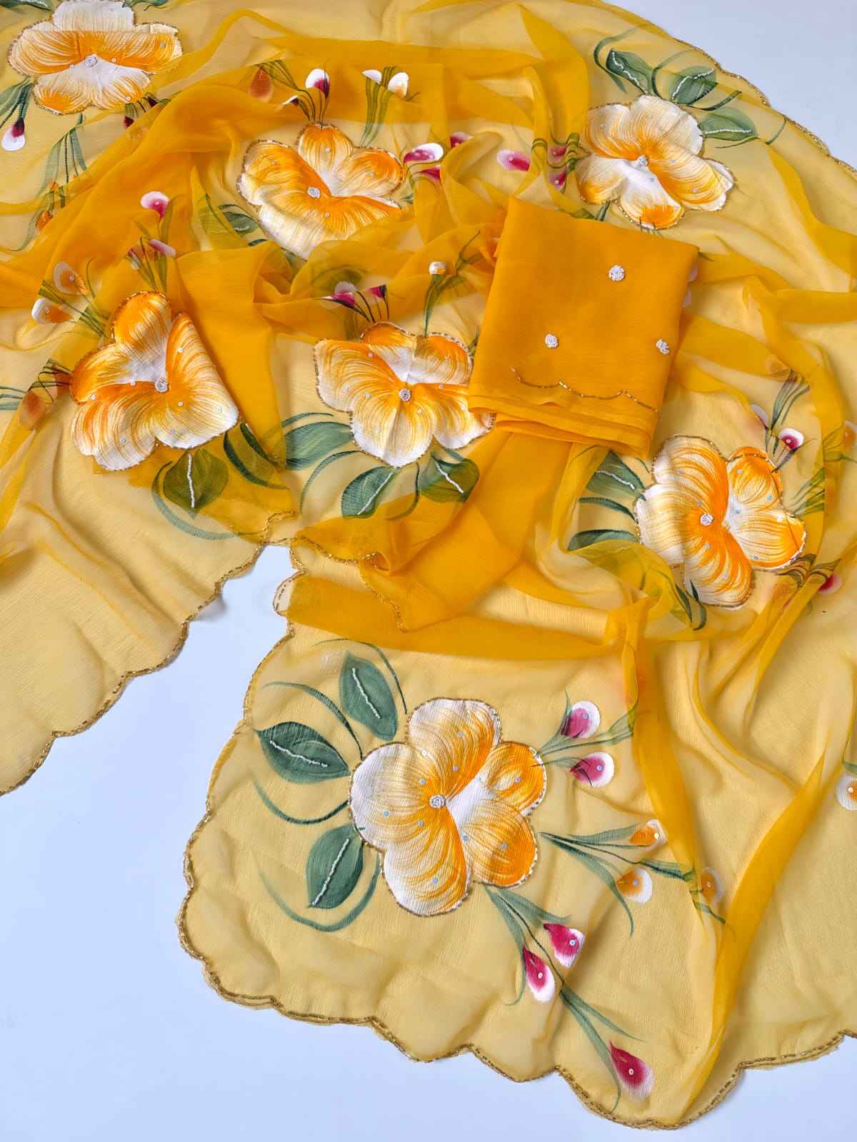 SOFT PURE CHIFFON KHATLI HANDWORK FLOWER HANDBRUSH SAREE AT WHOLESALE PRICE