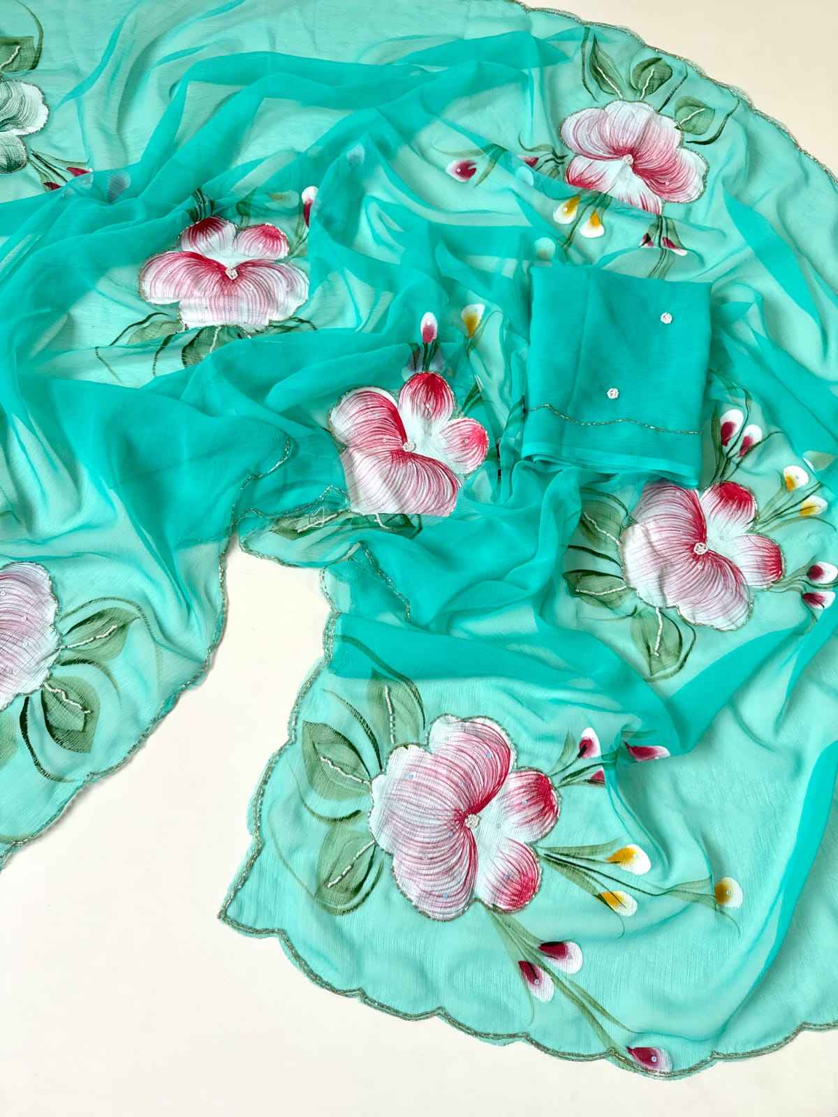 SOFT PURE CHIFFON KHATLI HANDWORK FLOWER HANDBRUSH SAREE AT WHOLESALE PRICE