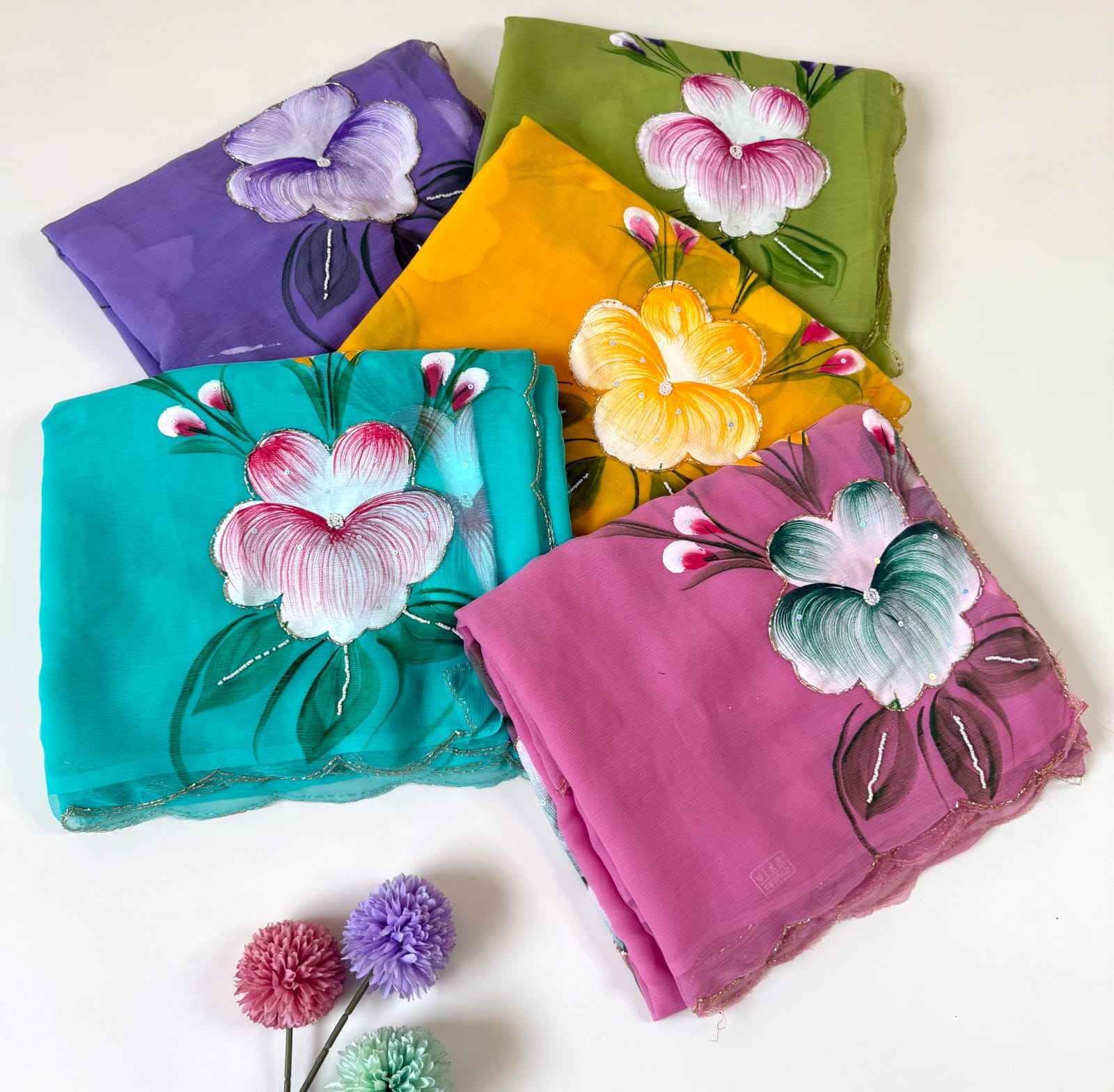 SOFT PURE CHIFFON KHATLI HANDWORK FLOWER HANDBRUSH SAREE AT WHOLESALE PRICE