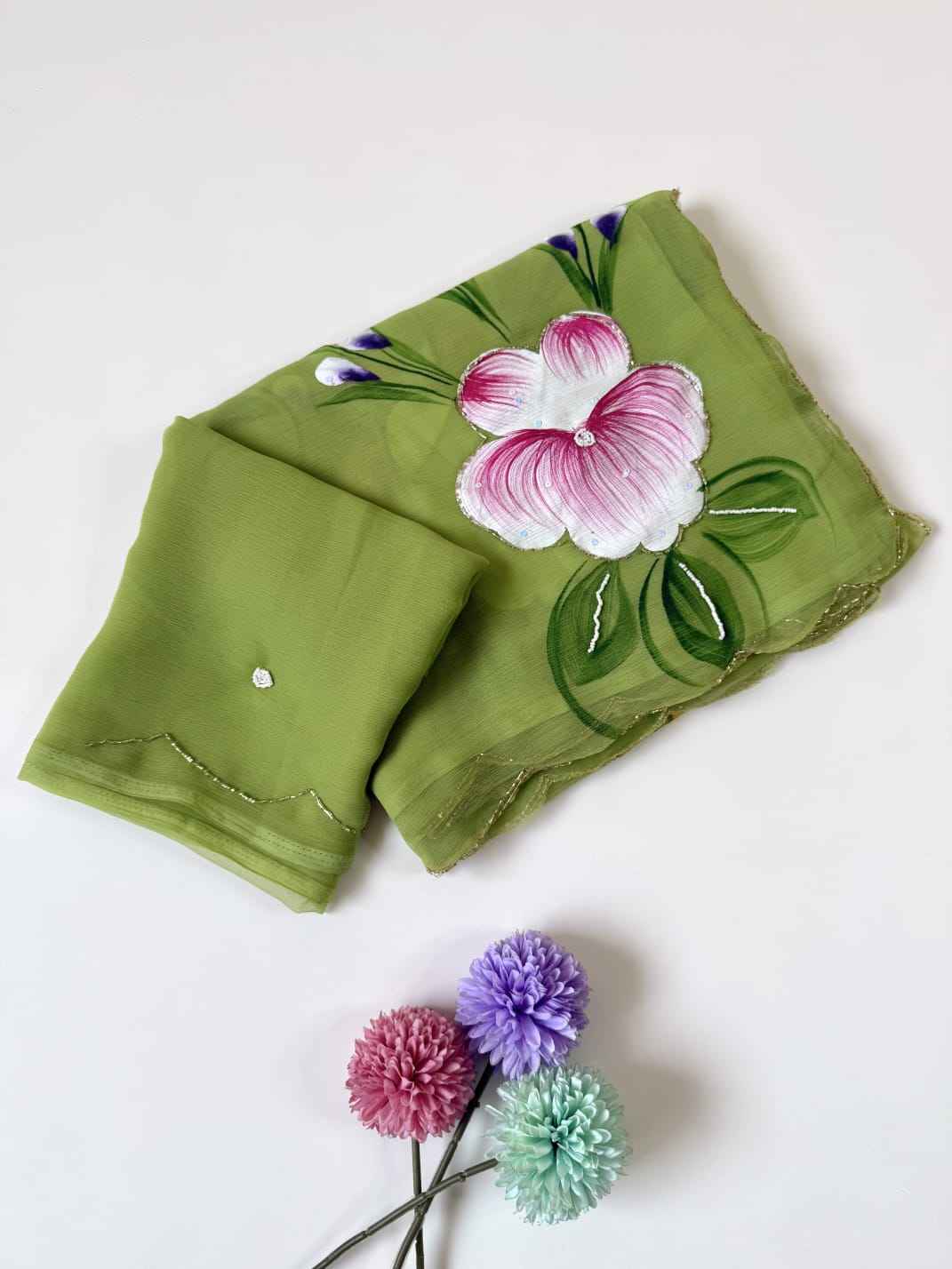 SOFT PURE CHIFFON KHATLI HANDWORK FLOWER HANDBRUSH SAREE AT WHOLESALE PRICE