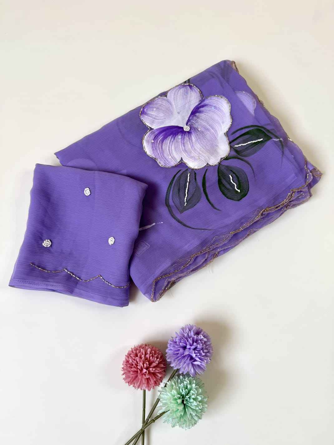 SOFT PURE CHIFFON KHATLI HANDWORK FLOWER HANDBRUSH SAREE AT WHOLESALE PRICE
