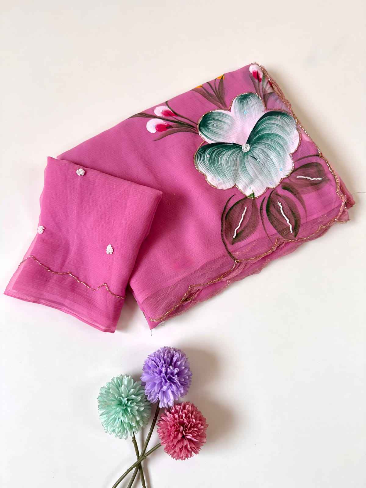 SOFT PURE CHIFFON KHATLI HANDWORK FLOWER HANDBRUSH SAREE AT WHOLESALE PRICE