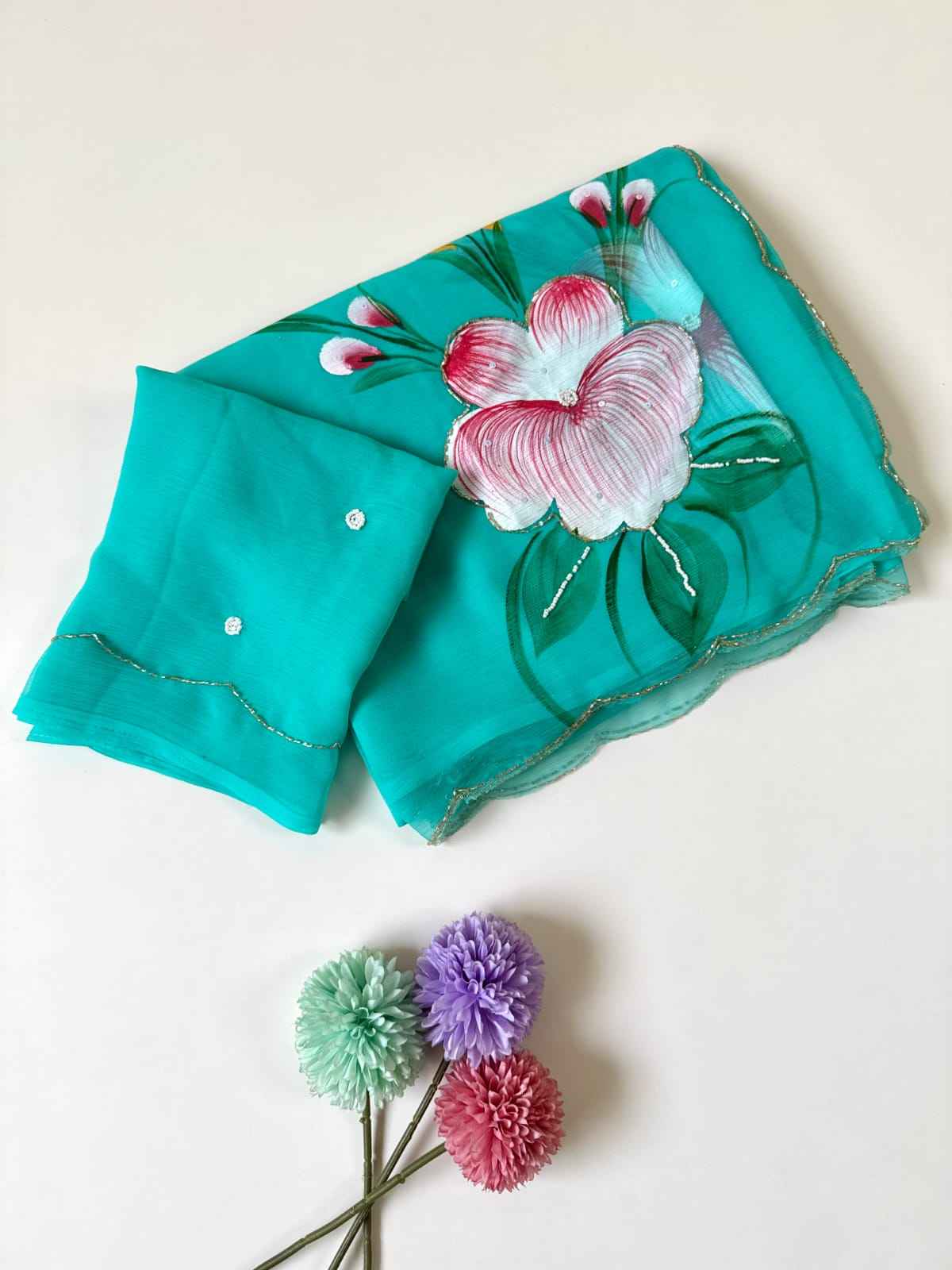 SOFT PURE CHIFFON KHATLI HANDWORK FLOWER HANDBRUSH SAREE AT WHOLESALE PRICE