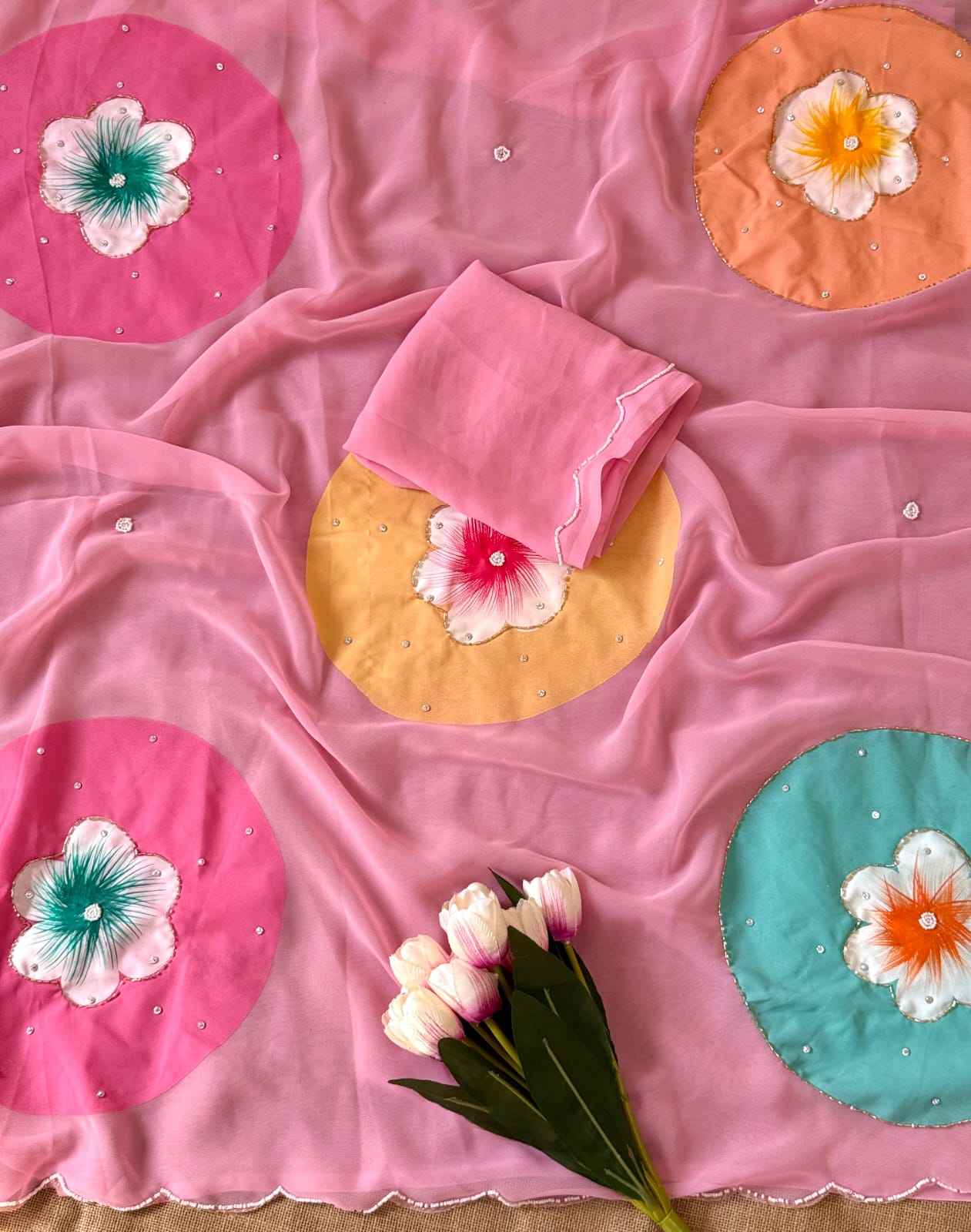 SOFT PURE GEORGETTE HANDWORK HANDBRUSH FLOWER SAREE AT WHOLESALE PRICE