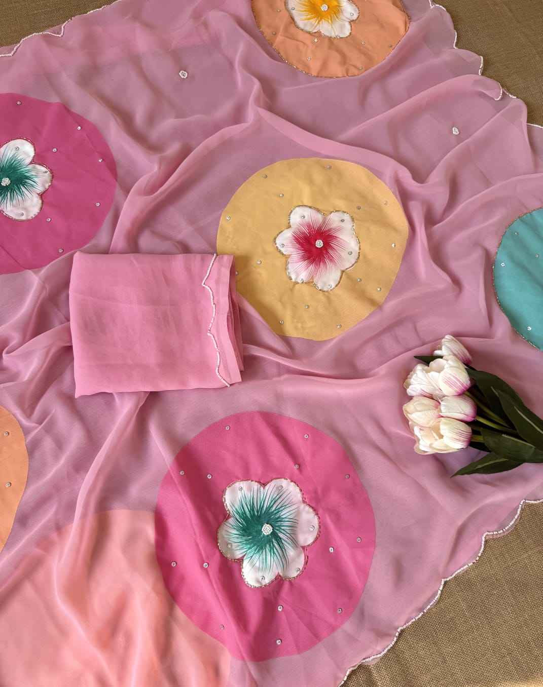 SOFT PURE GEORGETTE HANDWORK HANDBRUSH FLOWER SAREE AT WHOLESALE PRICE