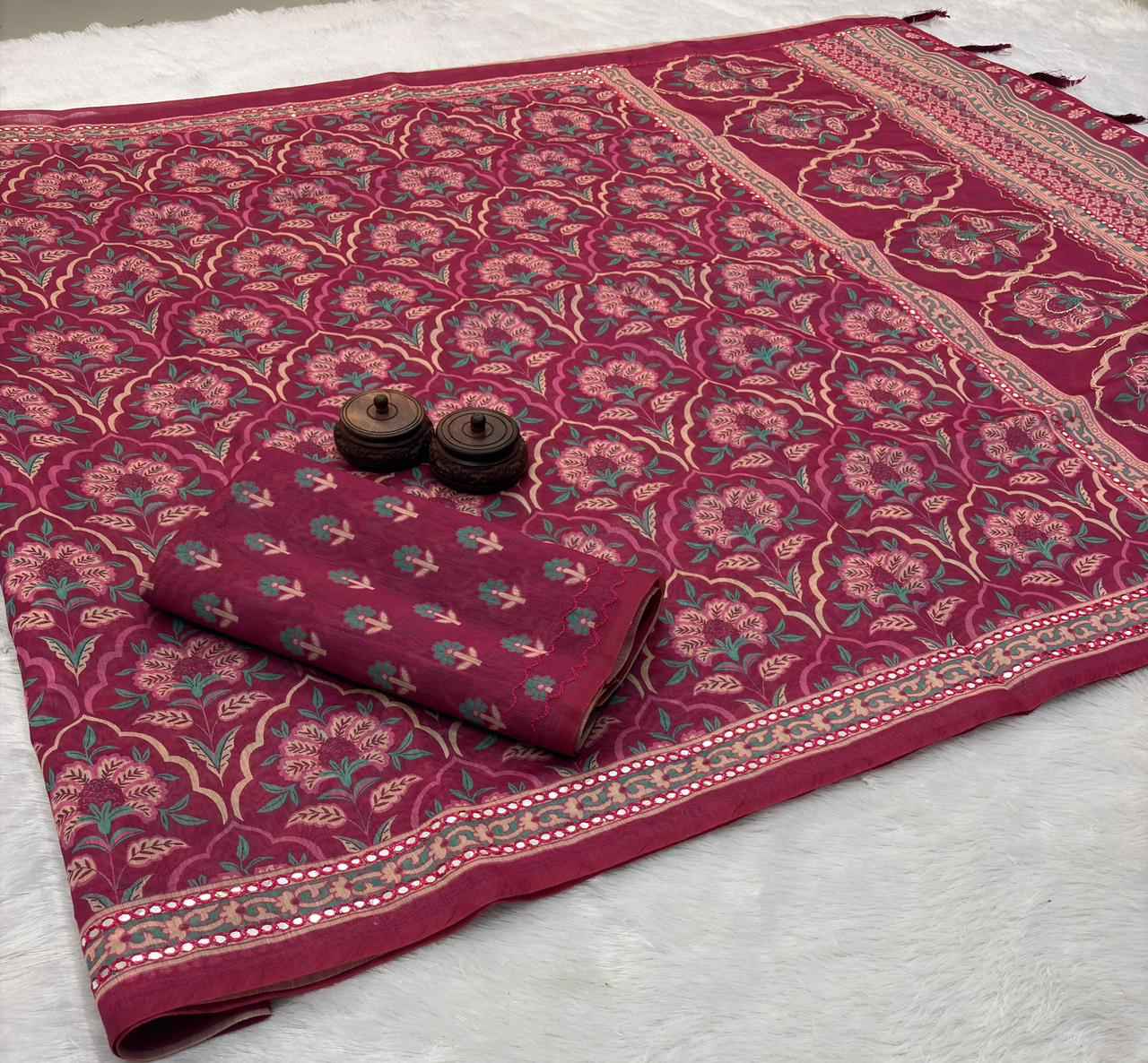 SOFT SPUN COTTON SLUB CODDING AND FOIL MIRROR THREAD WORK SAREE 1 AT WHOLESALE PRICE