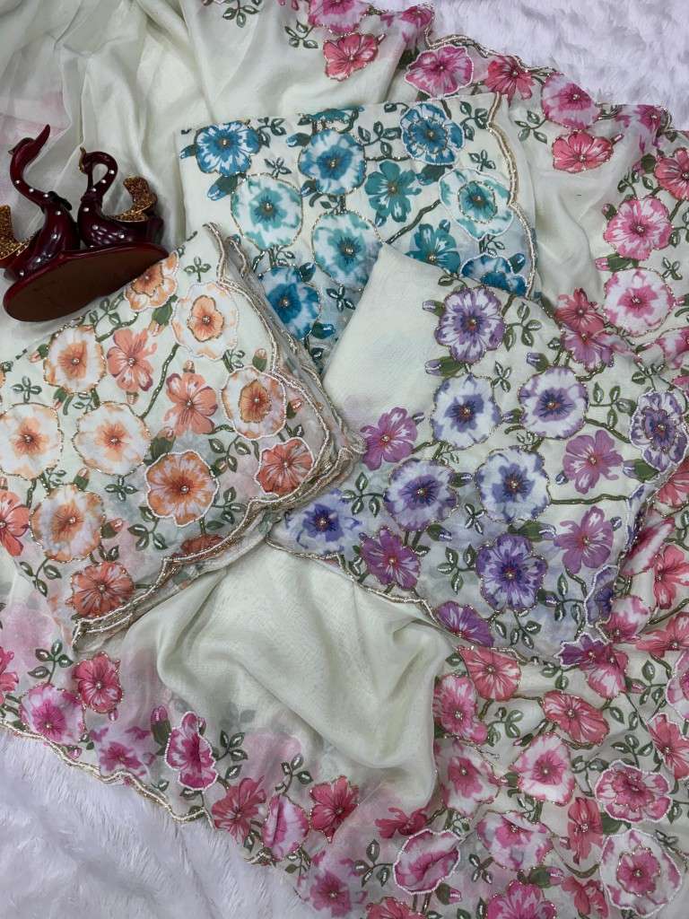 SOFT TEBBY SILK FLORAL PRINT WITH BEEDS AND KATDANA HANDWORK SAREE AT WHOLESALE PRICE