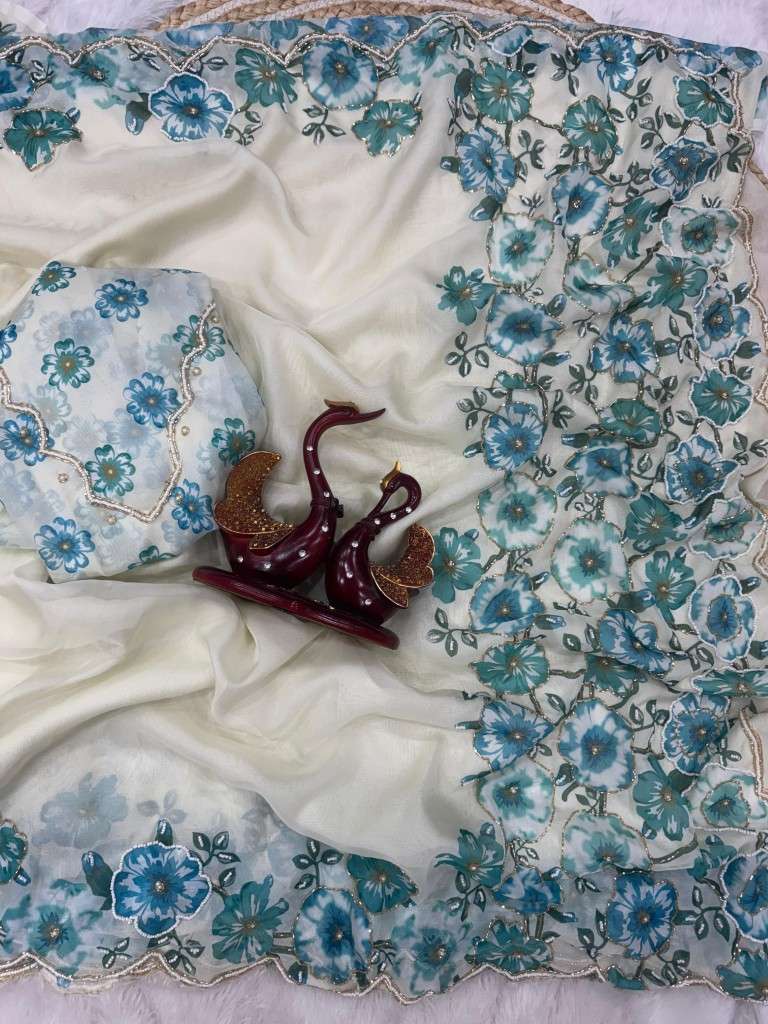SOFT TEBBY SILK FLORAL PRINT WITH BEEDS AND KATDANA HANDWORK SAREE AT WHOLESALE PRICE