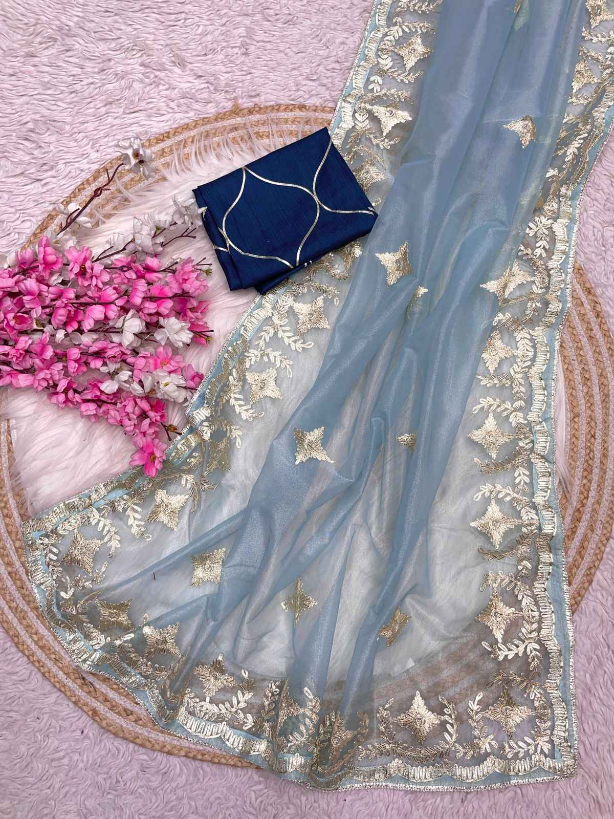 SOFT TWIL NET RABIN WORK PIPING BORDER SAREE AT WHOLESALE PRICE
