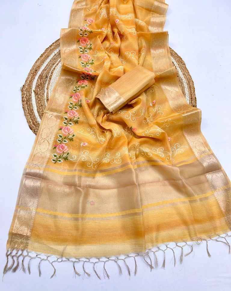 SOFT ZARI CHEX WEAVE FLORAL EMBROIDERY WORK SAREE AT WHOLESALE PRICE