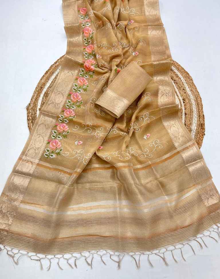 SOFT ZARI CHEX WEAVE FLORAL EMBROIDERY WORK SAREE AT WHOLESALE PRICE