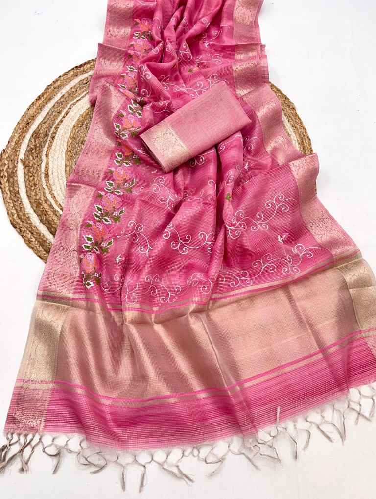 SOFT ZARI CHEX WEAVE FLORAL EMBROIDERY WORK SAREE AT WHOLESALE PRICE