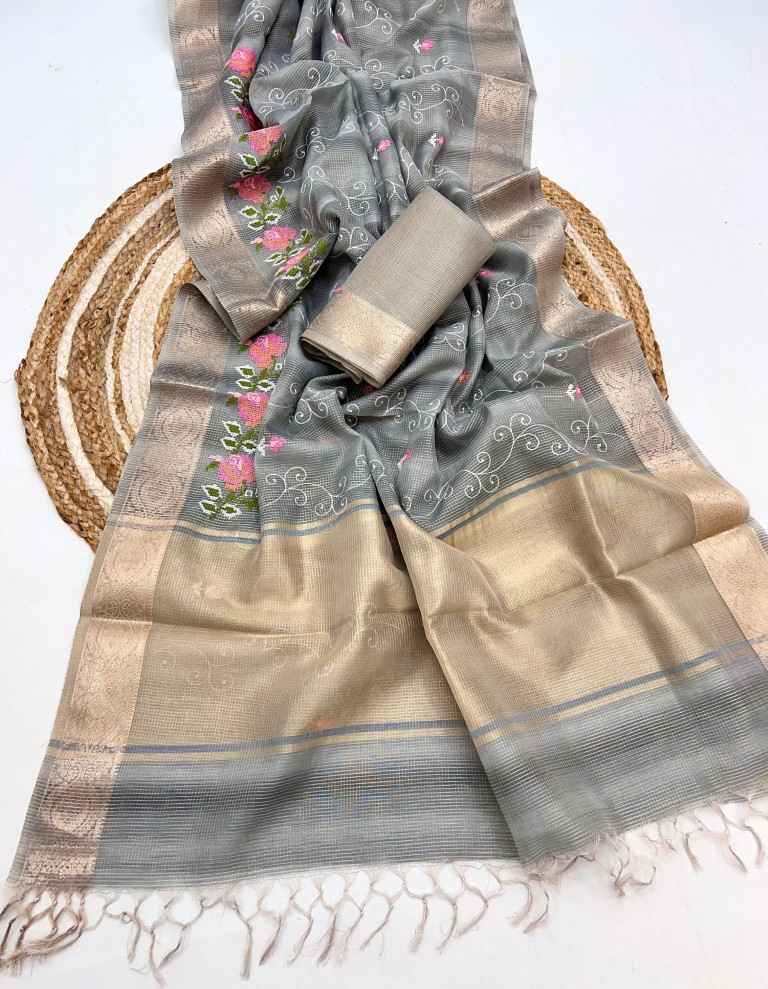 SOFT ZARI CHEX WEAVE FLORAL EMBROIDERY WORK SAREE AT WHOLESALE PRICE