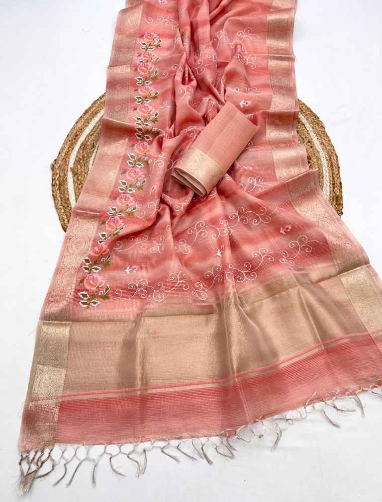 SOFT ZARI CHEX WEAVE FLORAL EMBROIDERY WORK SAREE AT WHOLESALE PRICE