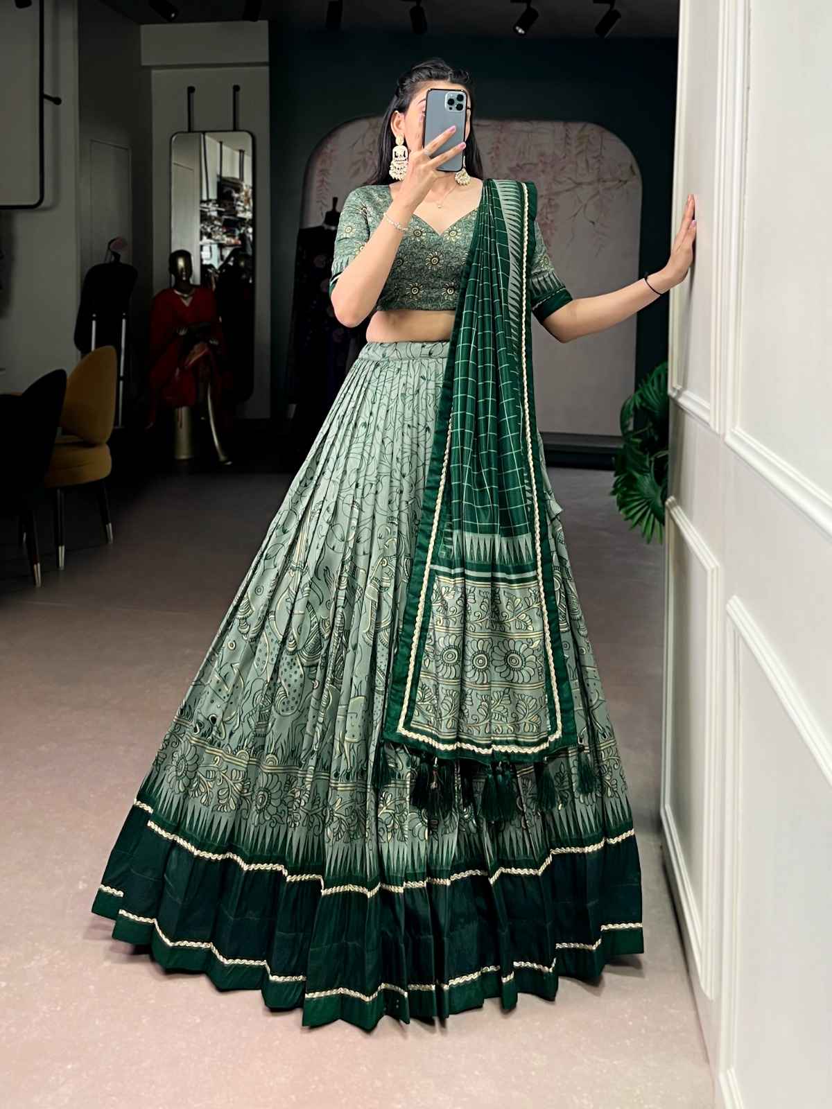 TASAR SILK KALAMKARI PRINT DESIGNER LEHENGA CHOLI AT WHOLESALE PRICE