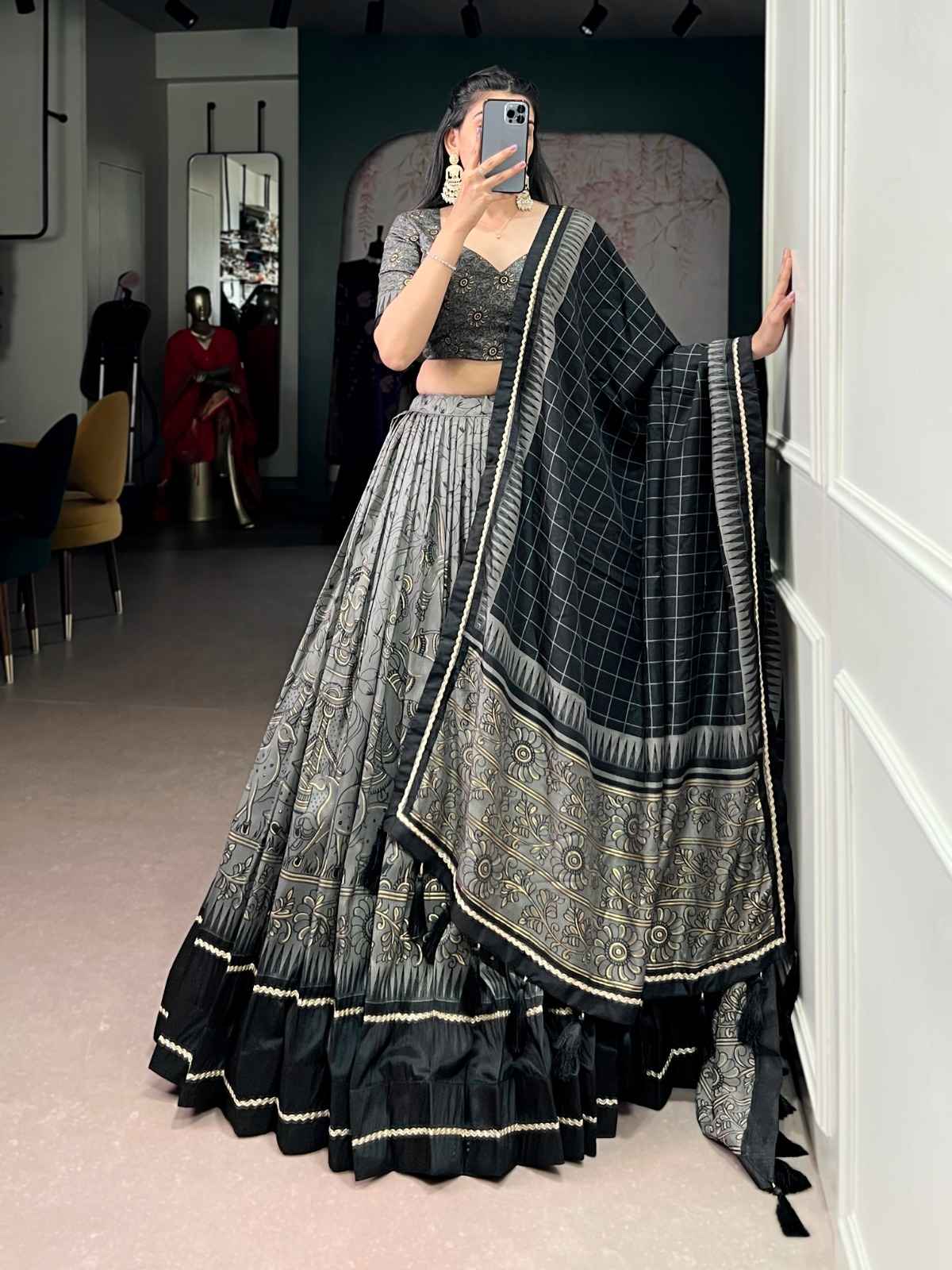 TASAR SILK KALAMKARI PRINT DESIGNER LEHENGA CHOLI AT WHOLESALE PRICE