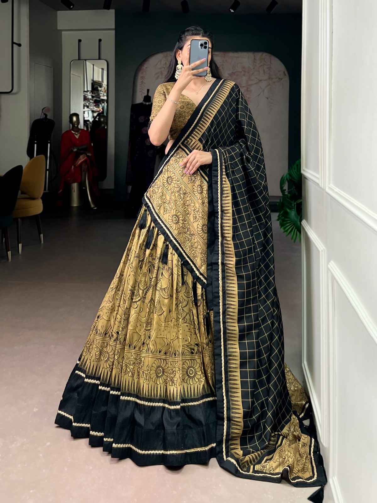 TASAR SILK KALAMKARI PRINT DESIGNER LEHENGA CHOLI AT WHOLESALE PRICE