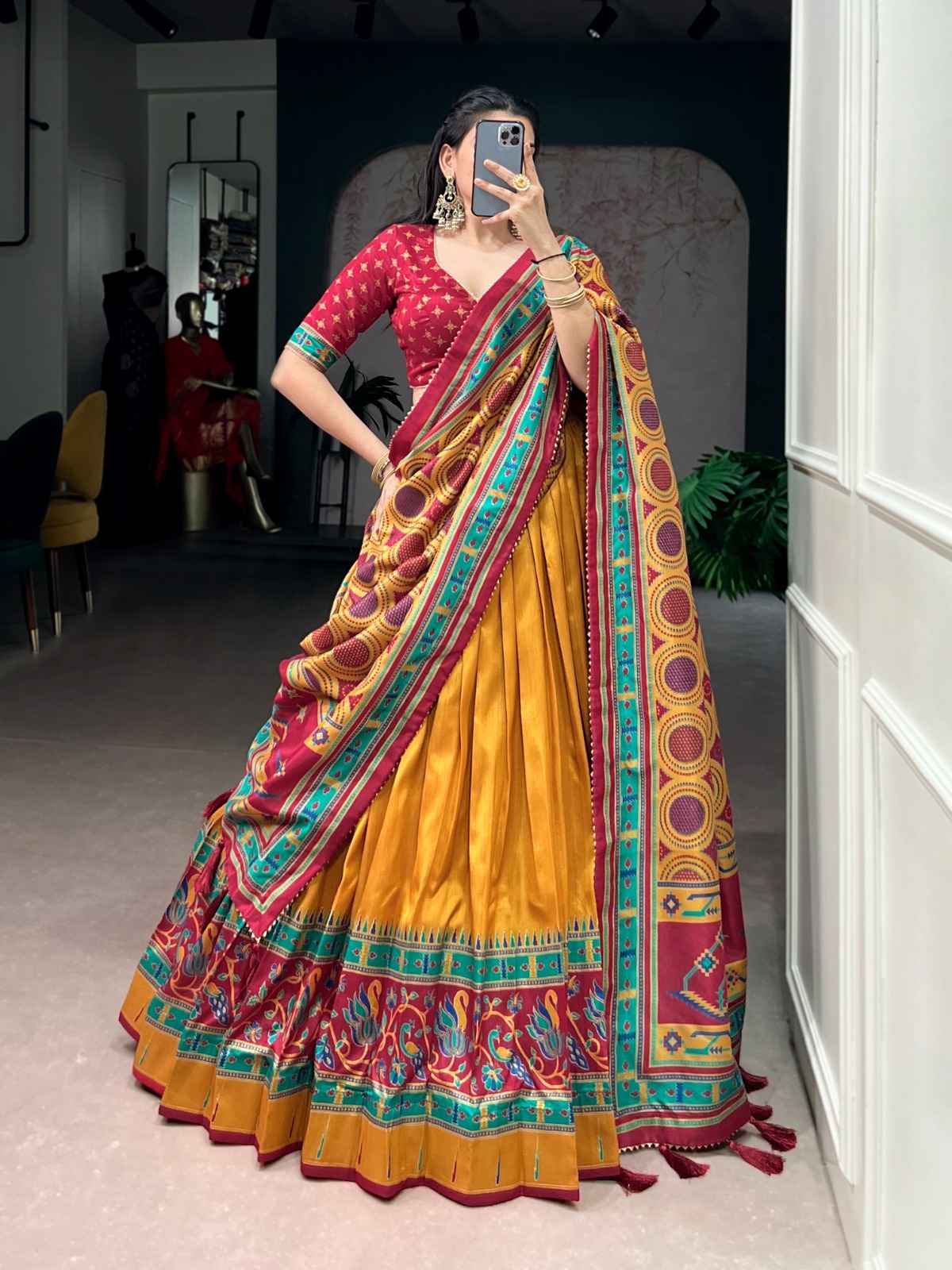 TASAR SILK PRINTED WITH ICONIC SPARKLE DESIGNER LEHENGA CHOLI AT WHOLESALE PRICE