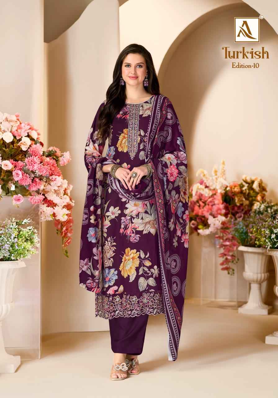 ALOK TURKISH VOL-10 PURE VISCOSE REYON PRINT EMBROIDERY WORK DRESS MATERIAL
