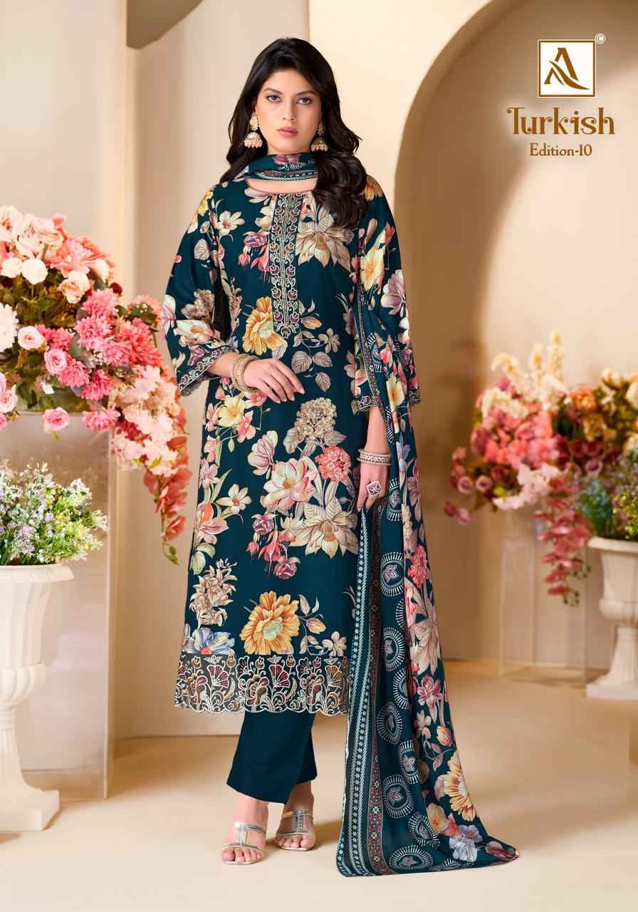 ALOK TURKISH VOL-10 PURE VISCOSE REYON PRINT EMBROIDERY WORK DRESS MATERIAL