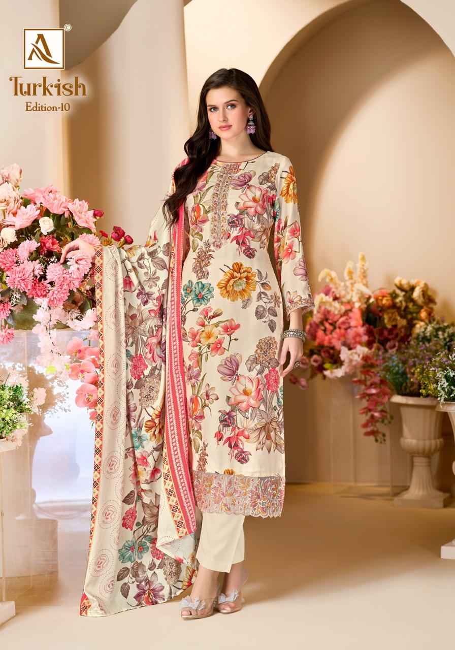 ALOK TURKISH VOL-10 PURE VISCOSE REYON PRINT EMBROIDERY WORK DRESS MATERIAL