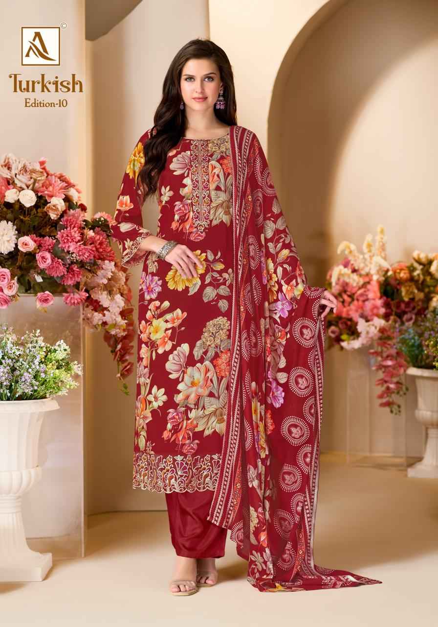 ALOK TURKISH VOL-10 PURE VISCOSE REYON PRINT EMBROIDERY WORK DRESS MATERIAL