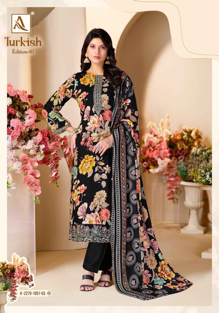 ALOK TURKISH VOL-10 PURE VISCOSE REYON PRINT EMBROIDERY WORK DRESS MATERIAL
