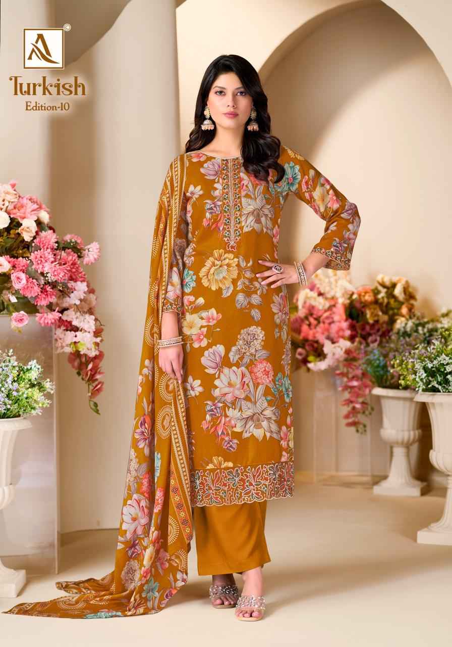 ALOK TURKISH VOL-10 PURE VISCOSE REYON PRINT EMBROIDERY WORK DRESS MATERIAL