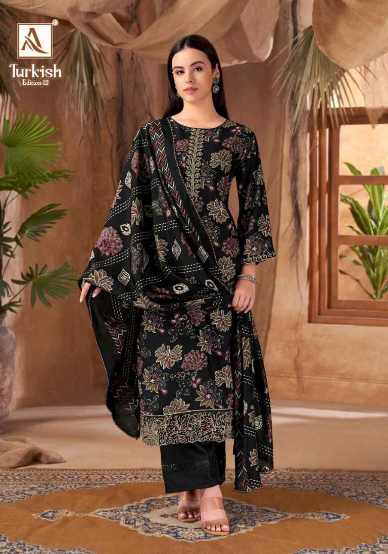 ALOK TURKISH VOL-12 PURE VISCOSE REYON PRINT EMBROIDERY WORK DRESS MATERIAL