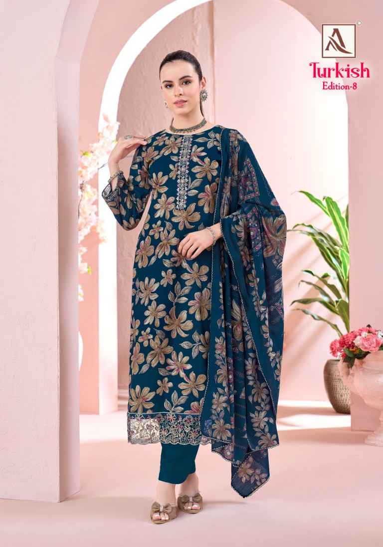 ALOK TURKISH VOL-8 PURE VISCOSE REYON PRINT EMBROIDERY WORK DRESS MATERIAL AT WHOLESALE PRICE 