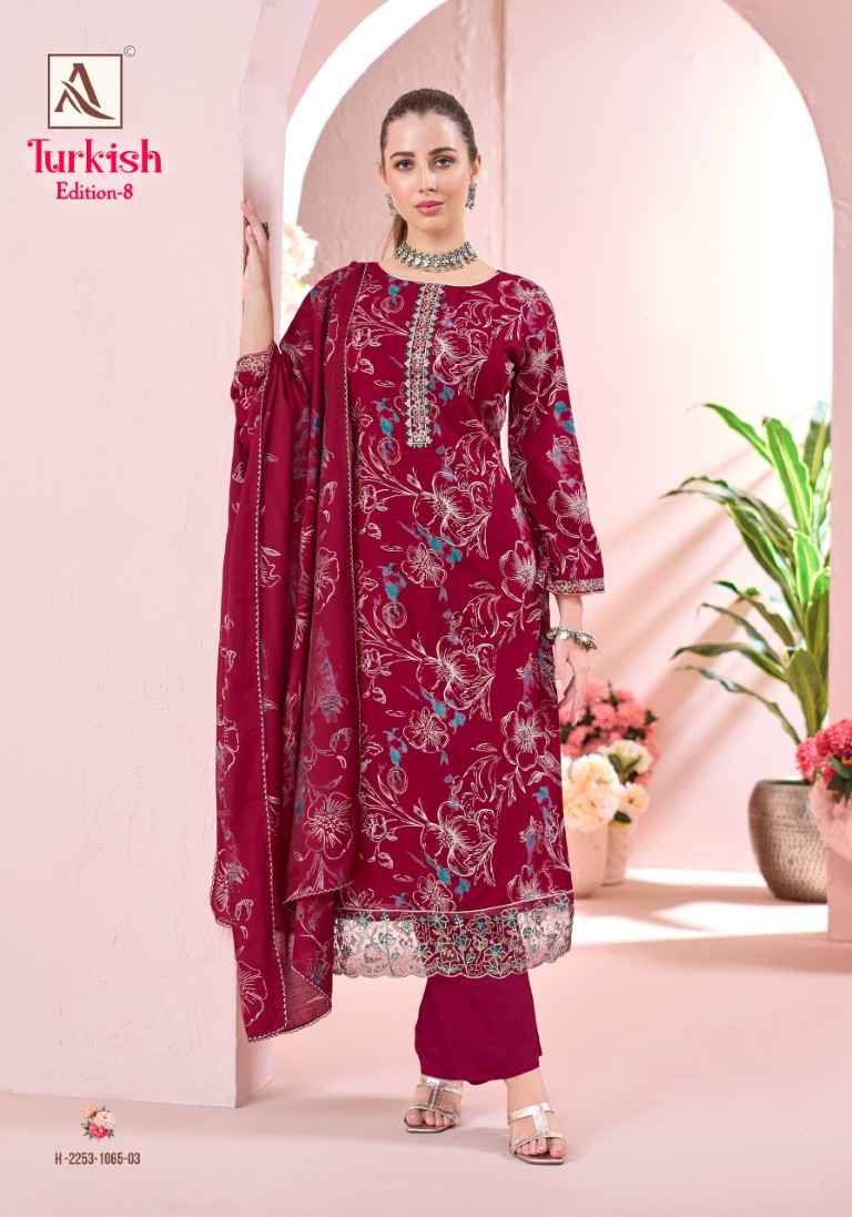 ALOK TURKISH VOL-8 PURE VISCOSE REYON PRINT EMBROIDERY WORK DRESS MATERIAL AT WHOLESALE PRICE 
