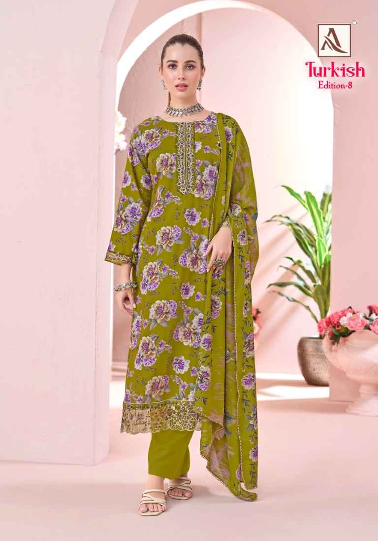 ALOK TURKISH VOL-8 PURE VISCOSE REYON PRINT EMBROIDERY WORK DRESS MATERIAL AT WHOLESALE PRICE 