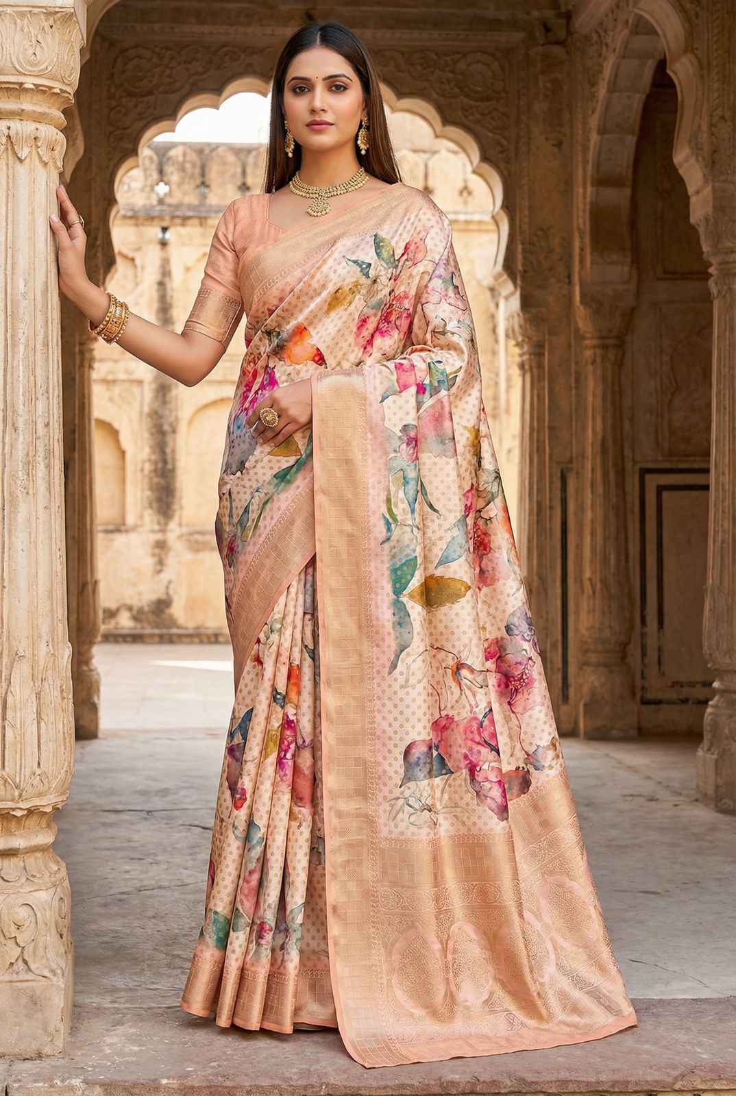 DOLA BANARASI DIGITAL FLORAL PRINT ZARI WOVEN SAREE