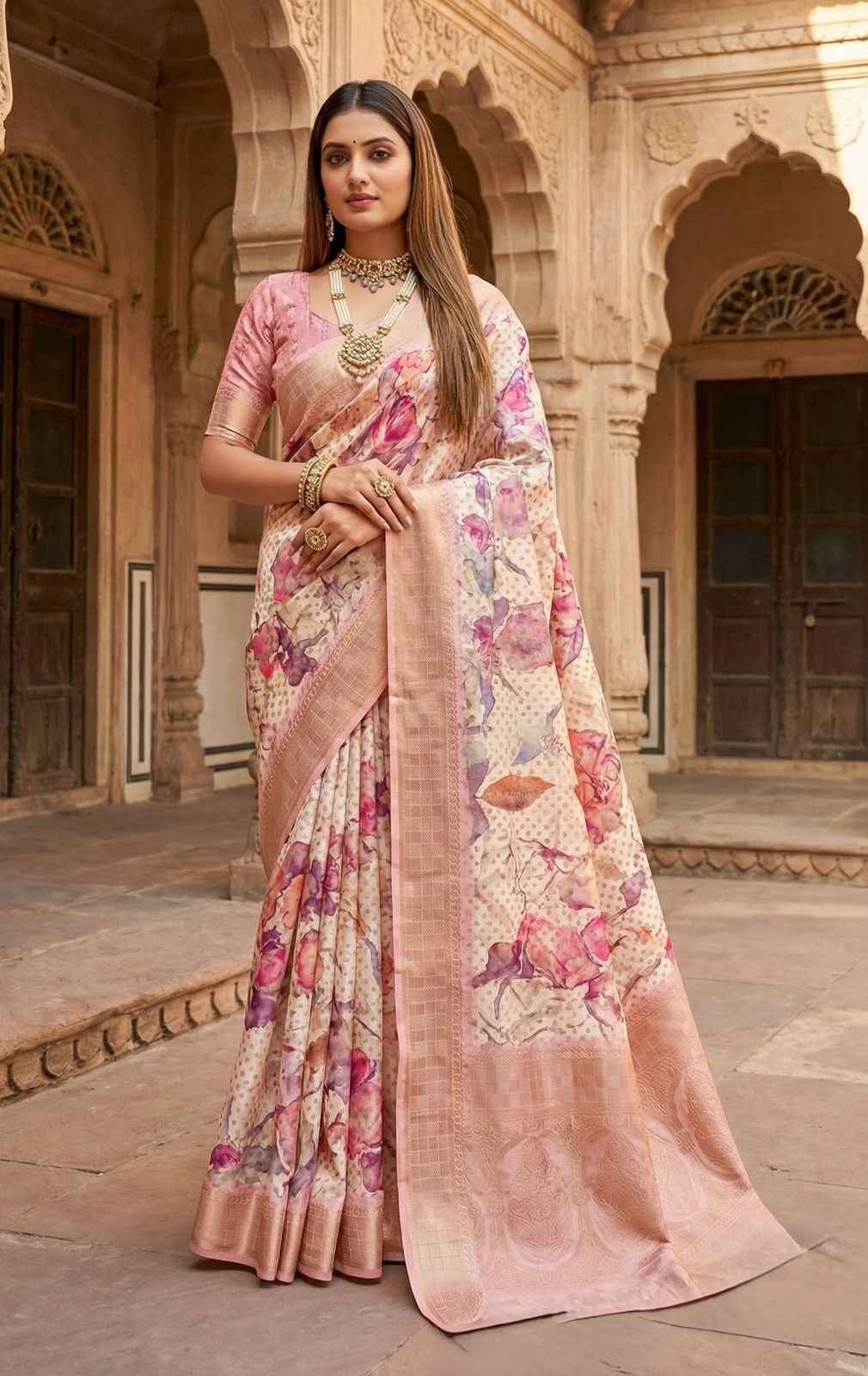 DOLA BANARASI DIGITAL FLORAL PRINT ZARI WOVEN SAREE