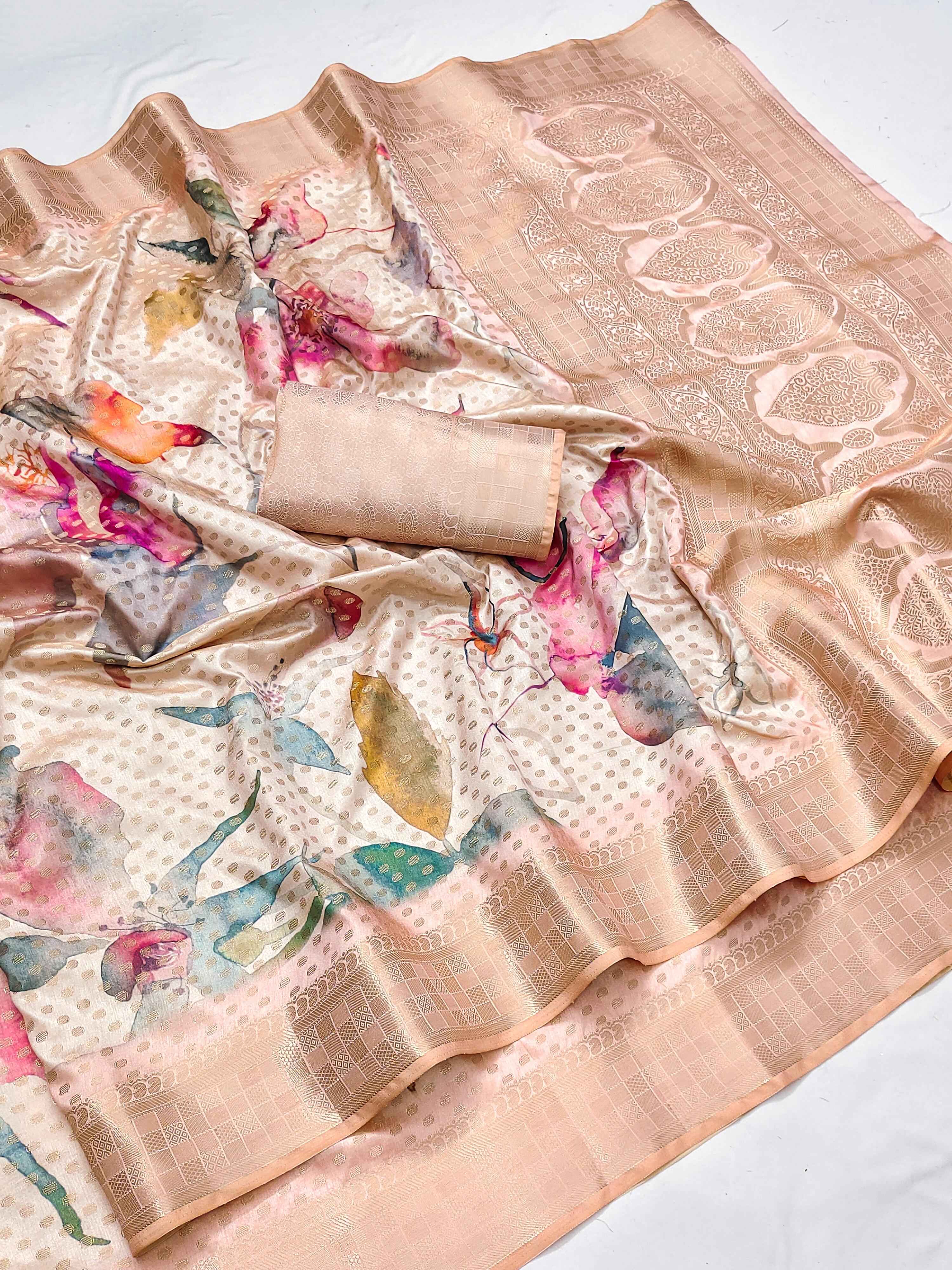 DOLA BANARASI DIGITAL FLORAL PRINT ZARI WOVEN SAREE