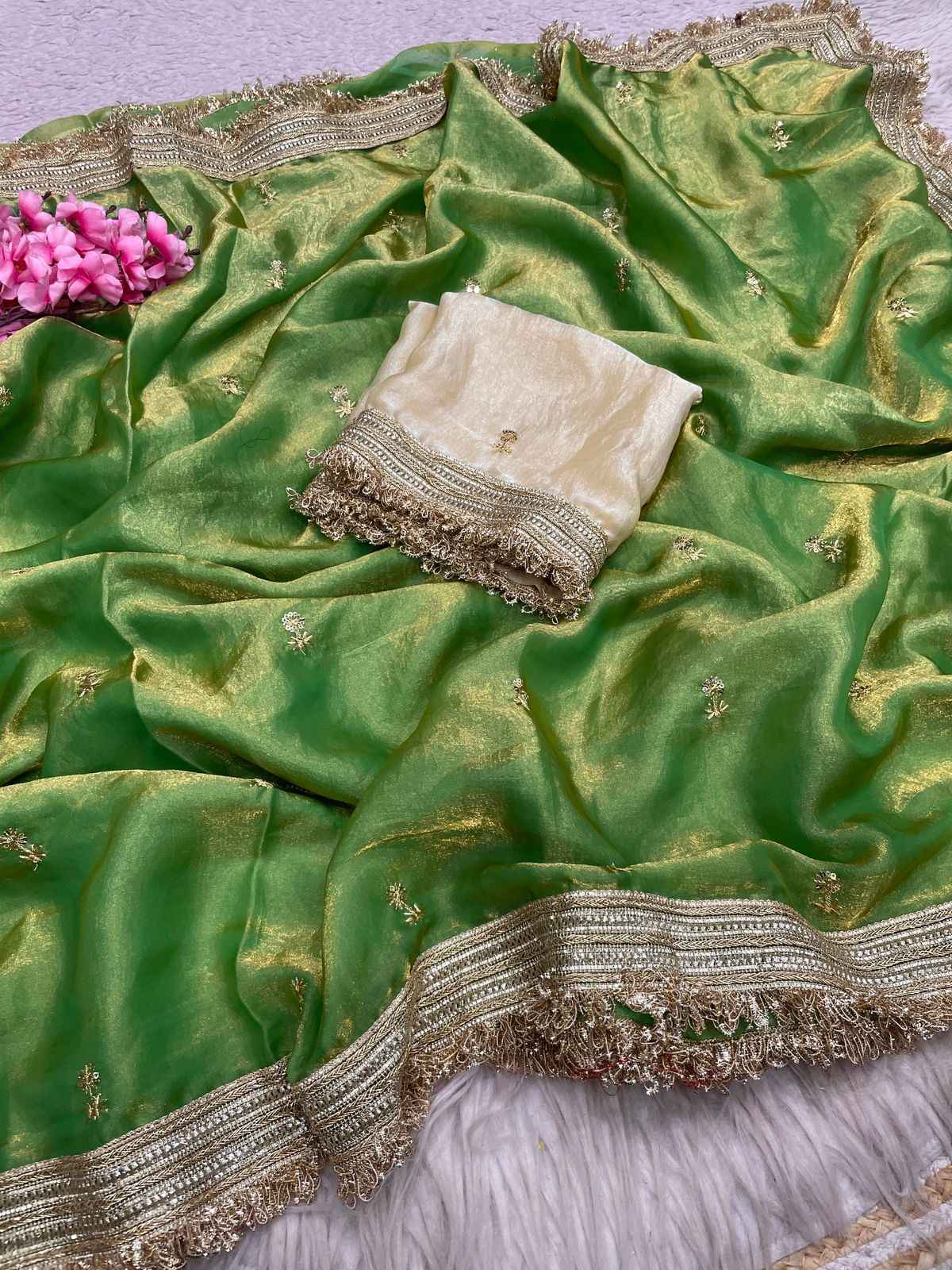 FANDY SATTIN SEQUENCE BUTTI LACE WORK SAREE