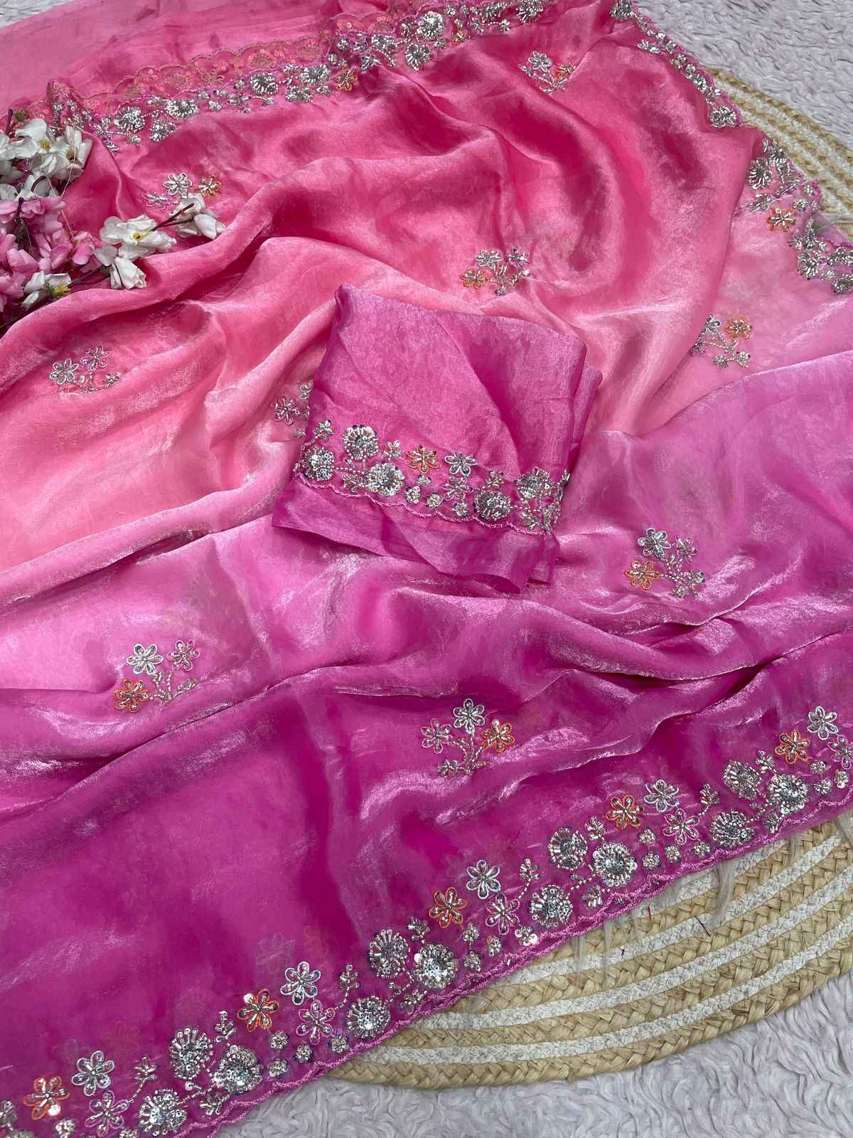 FANDY SATTIN PAIDING KHATLI BEEDS WORK SAREE