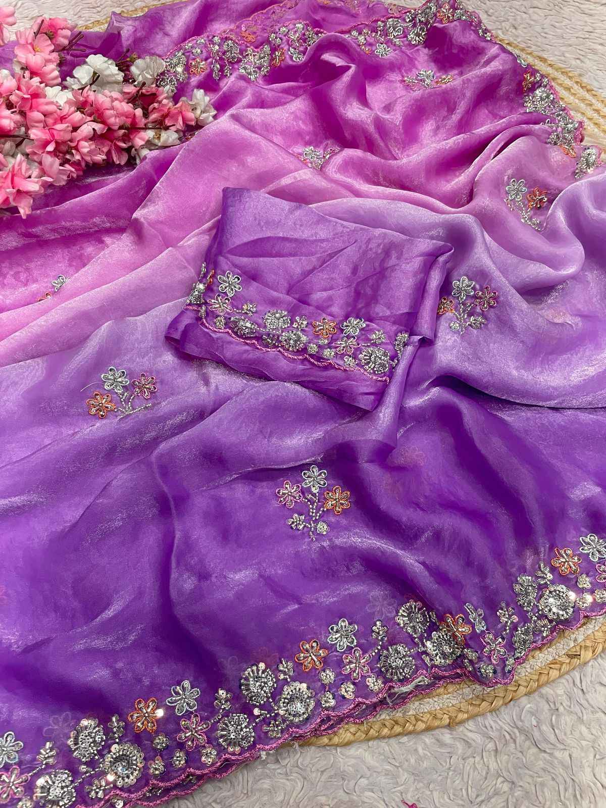 FANDY SATTIN PAIDING KHATLI BEEDS WORK SAREE