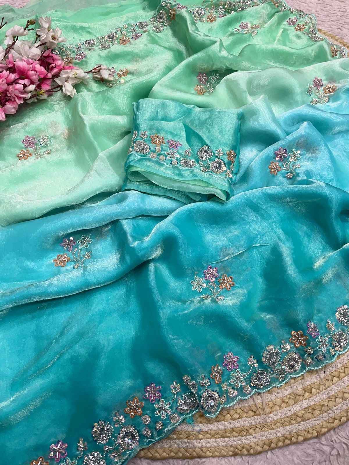 FANDY SATTIN PAIDING KHATLI BEEDS WORK SAREE