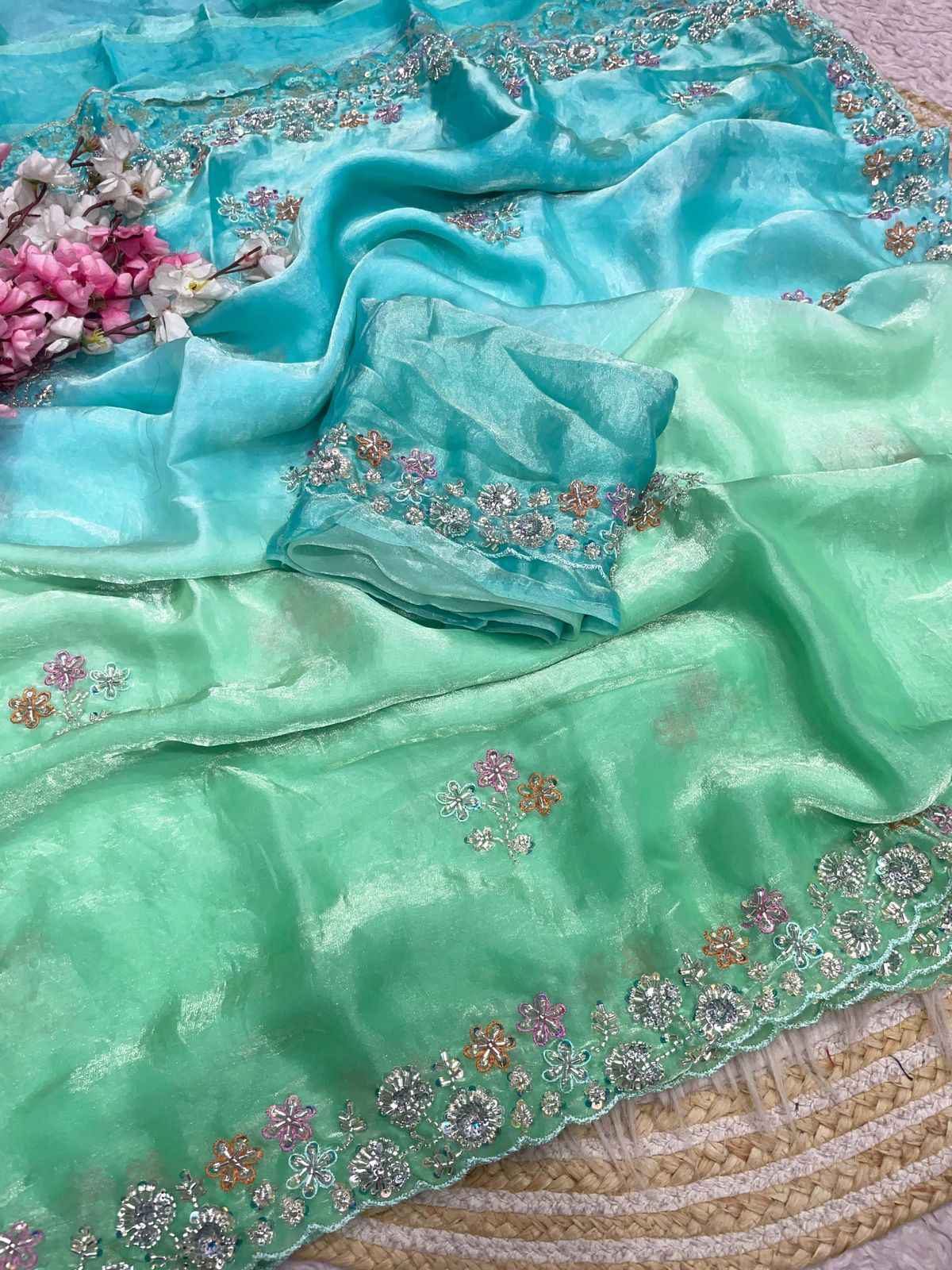 FANDY SATTIN PAIDING KHATLI BEEDS WORK SAREE
