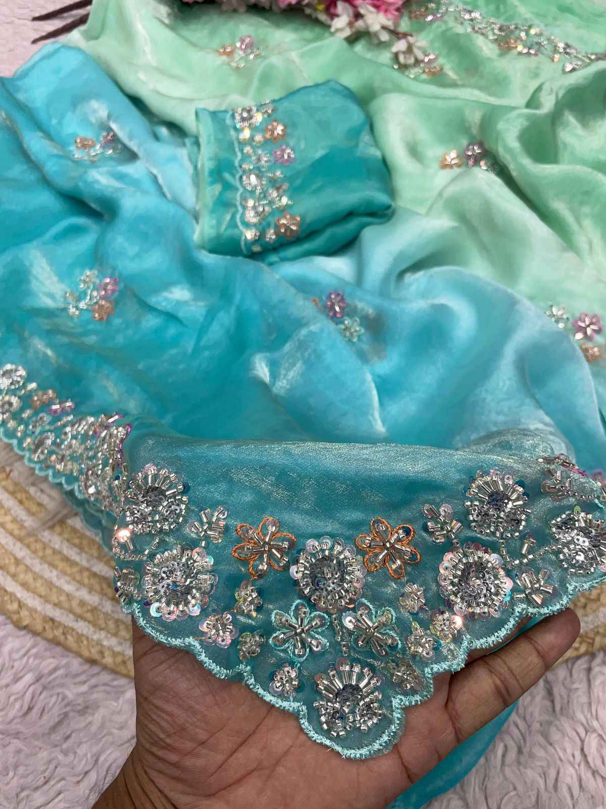 FANDY SATTIN PAIDING KHATLI BEEDS WORK SAREE