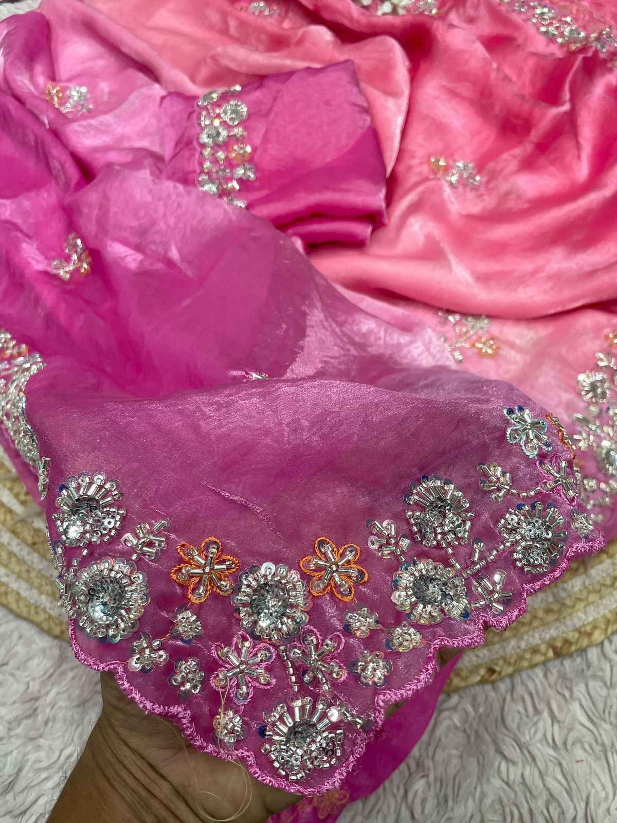 FANDY SATTIN PAIDING KHATLI BEEDS WORK SAREE