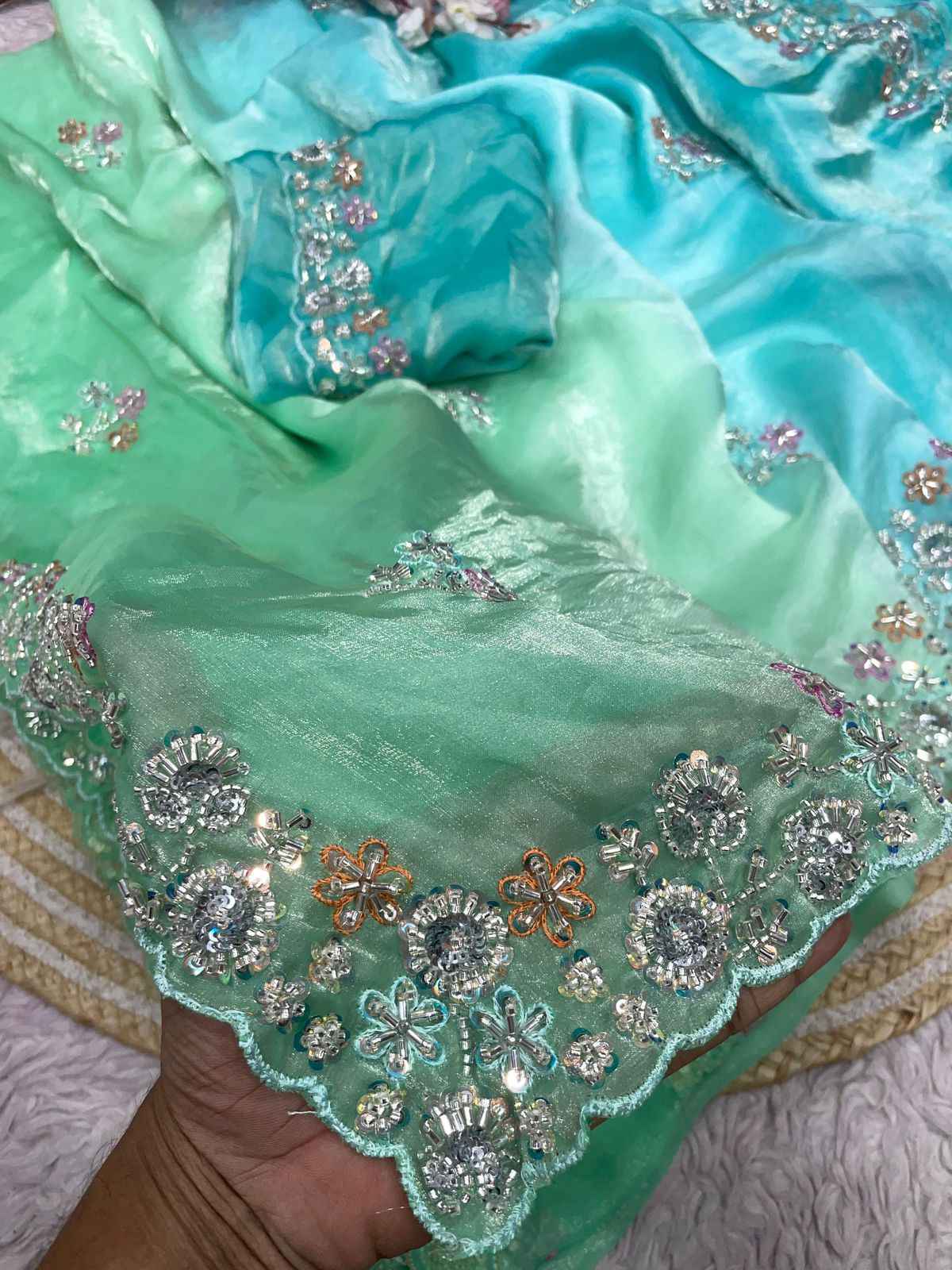 FANDY SATTIN PAIDING KHATLI BEEDS WORK SAREE