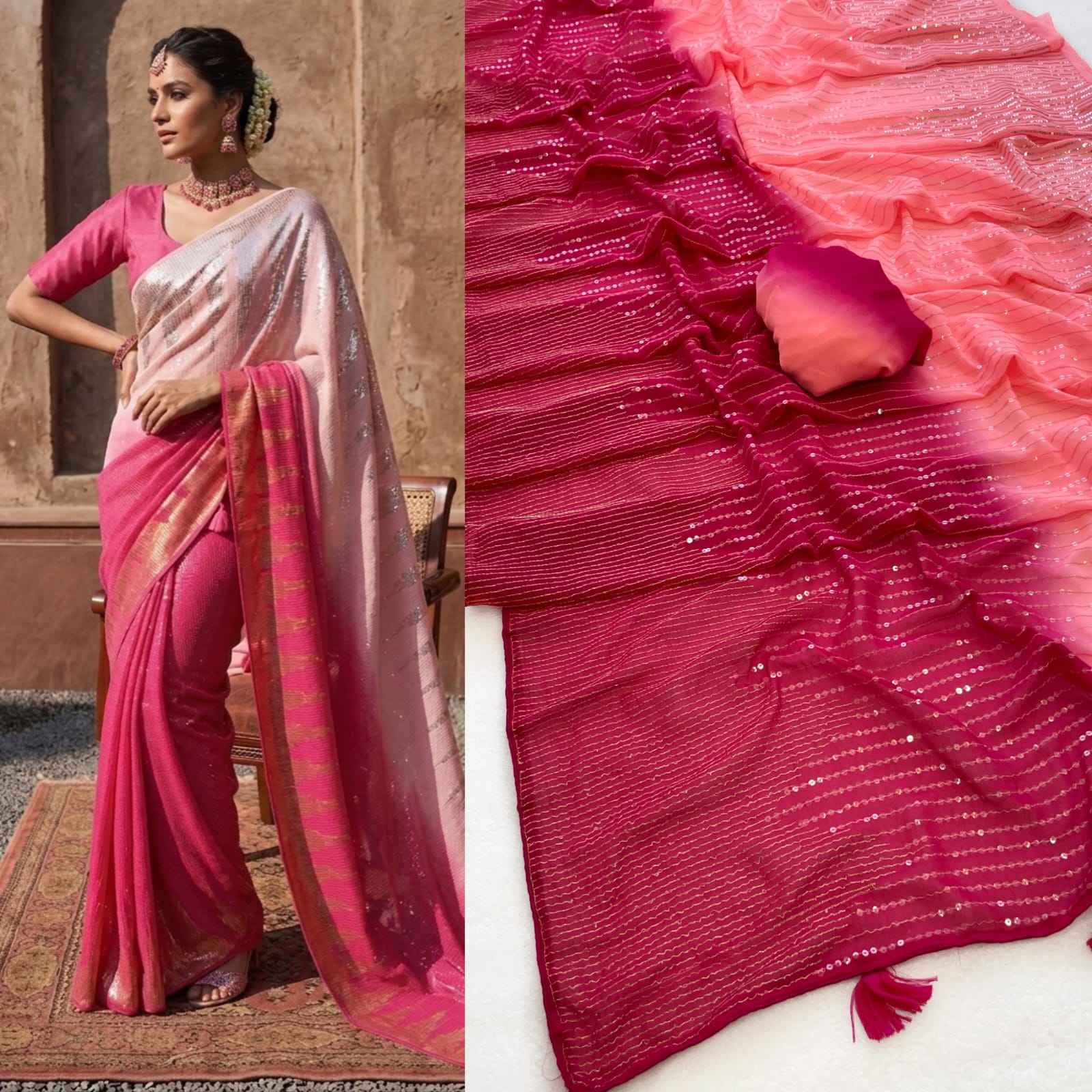 HEAVY FAUX GEORGETTE ZARI & DUAL EMBROIDERY SEQUENCE WORK SAREE