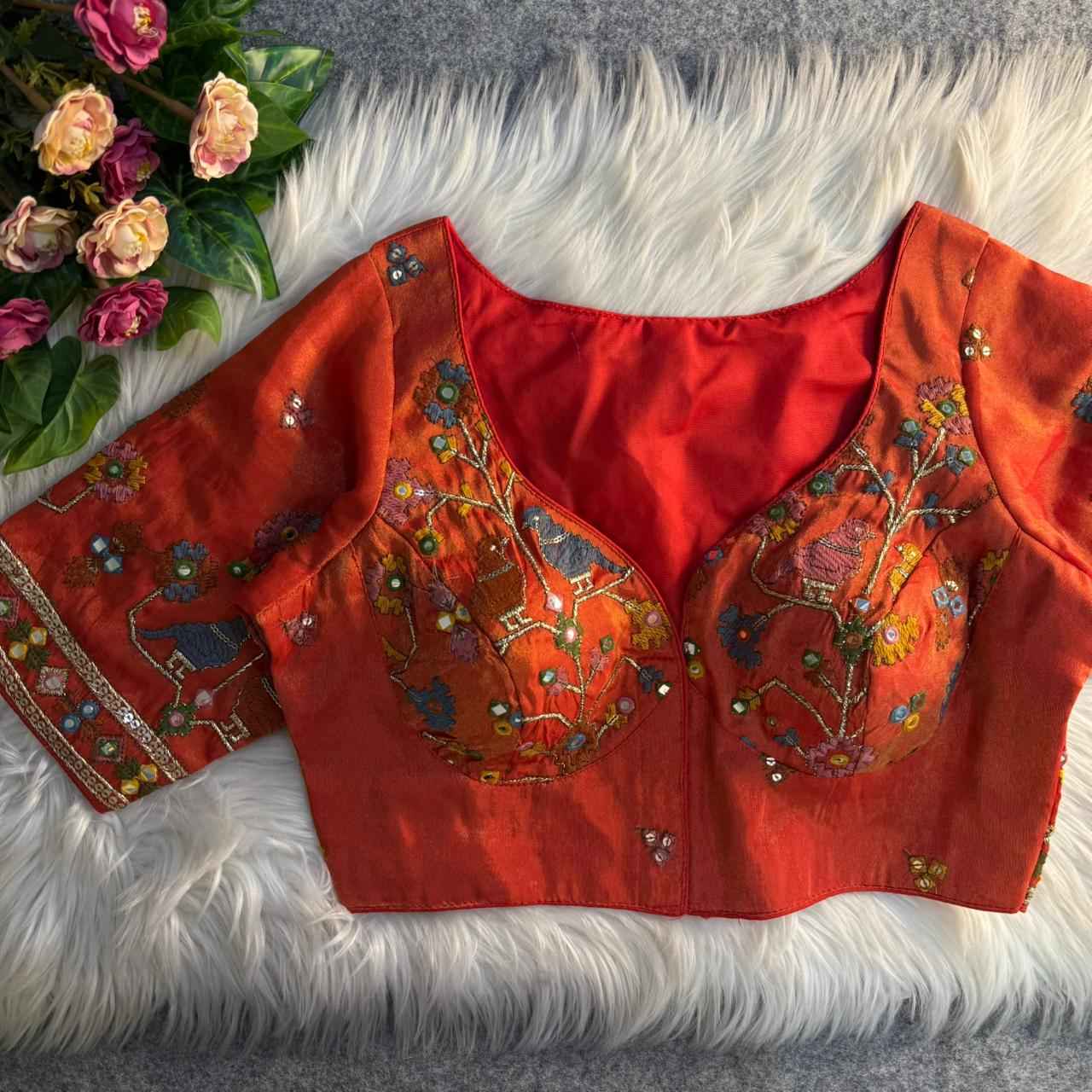 HEAVY PURE SOFT VISCOUS COSMOS SILK MIRROR WORK READYMADE BLOUSE