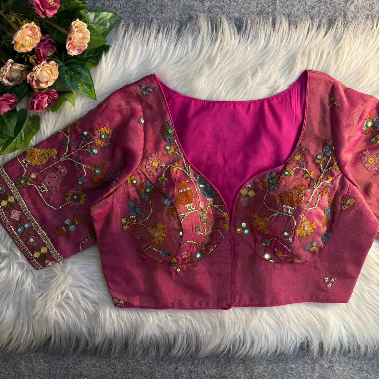 HEAVY PURE SOFT VISCOUS COSMOS SILK MIRROR WORK READYMADE BLOUSE