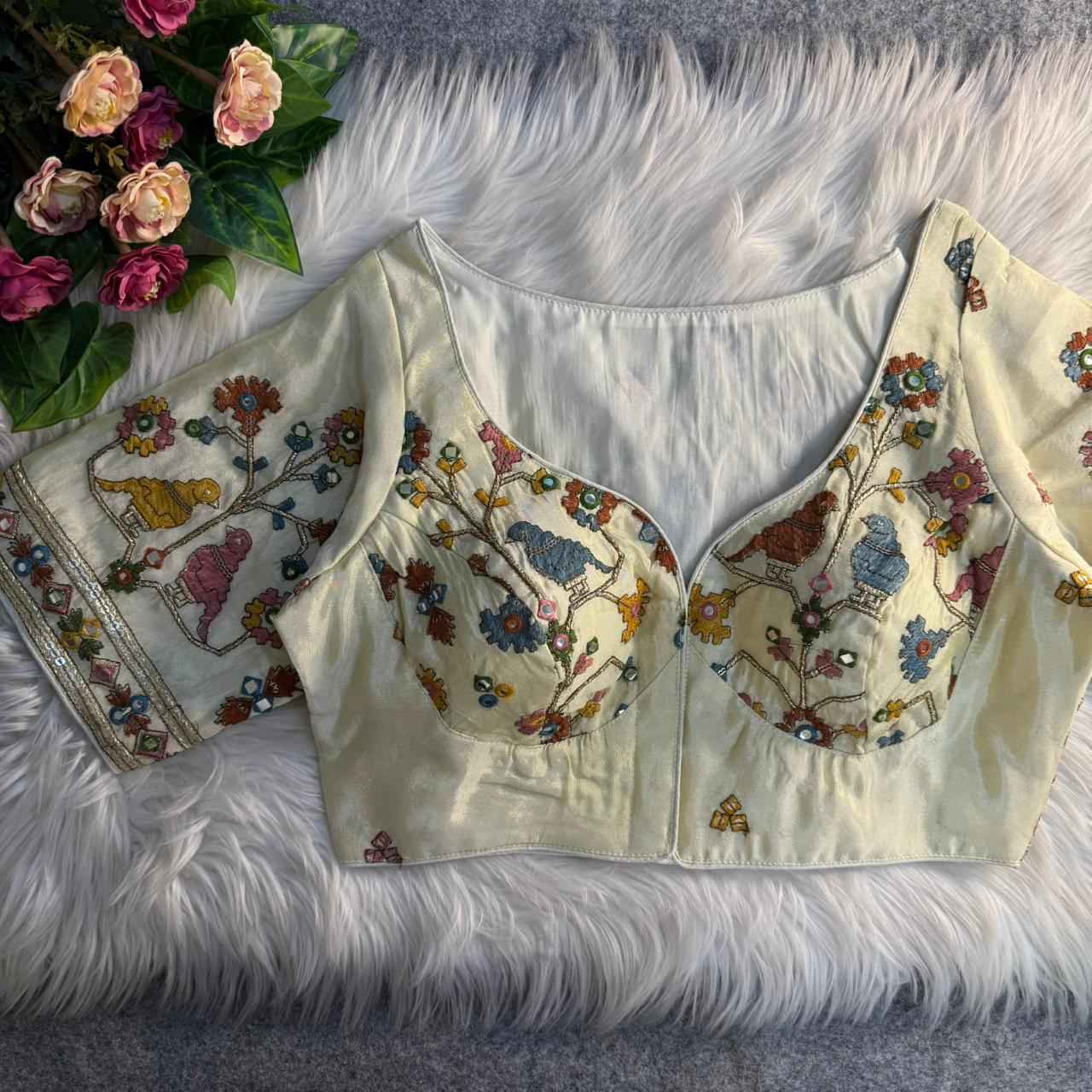 HEAVY PURE SOFT VISCOUS COSMOS SILK MIRROR WORK READYMADE BLOUSE