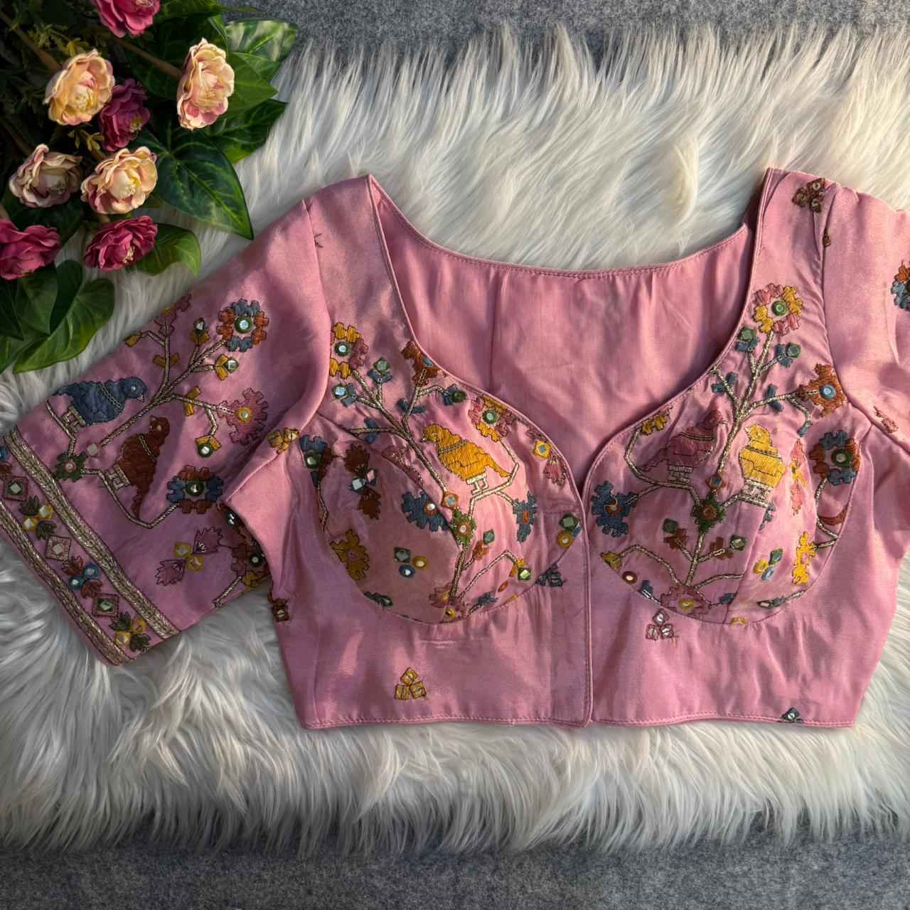 HEAVY PURE SOFT VISCOUS COSMOS SILK MIRROR WORK READYMADE BLOUSE