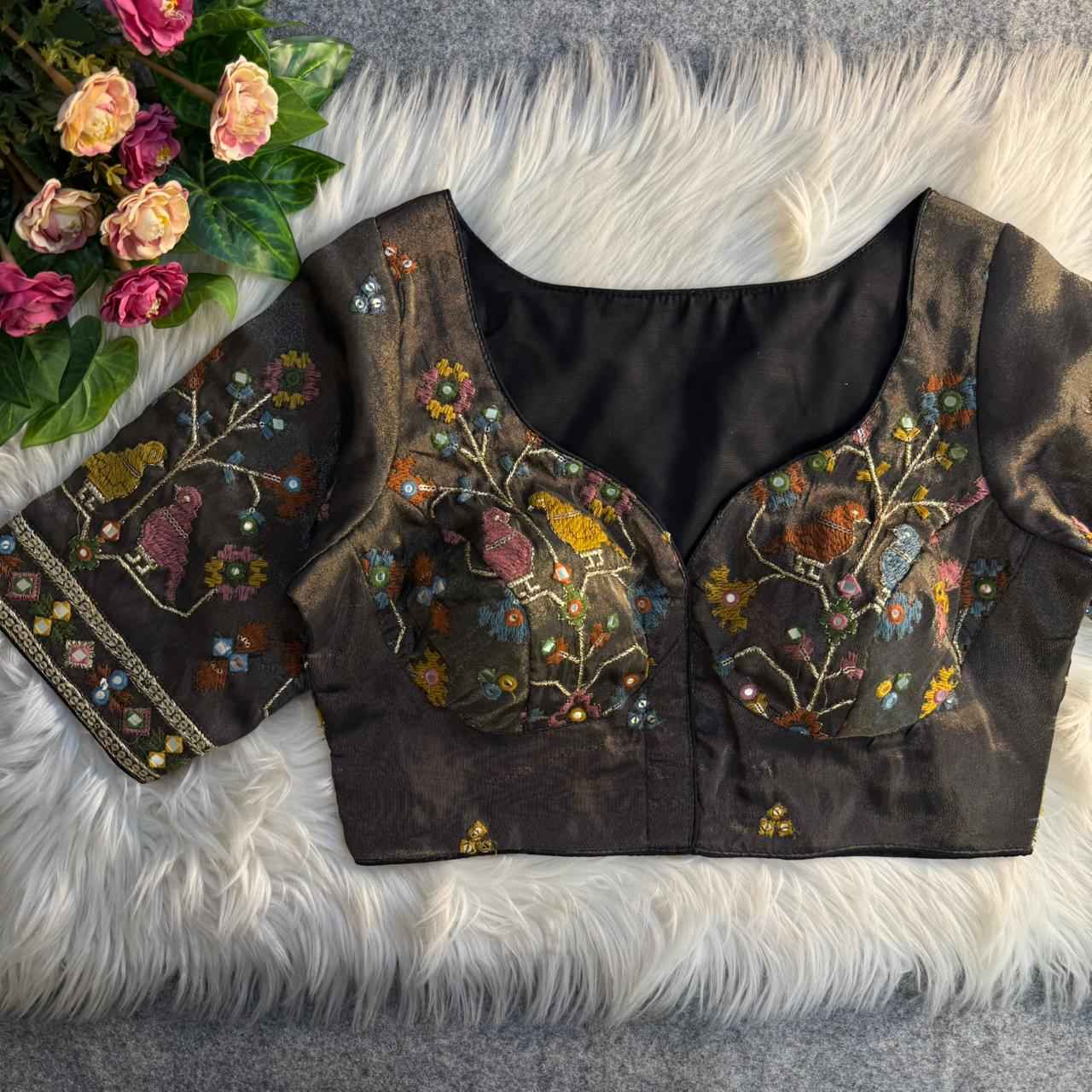 HEAVY PURE SOFT VISCOUS COSMOS SILK MIRROR WORK READYMADE BLOUSE